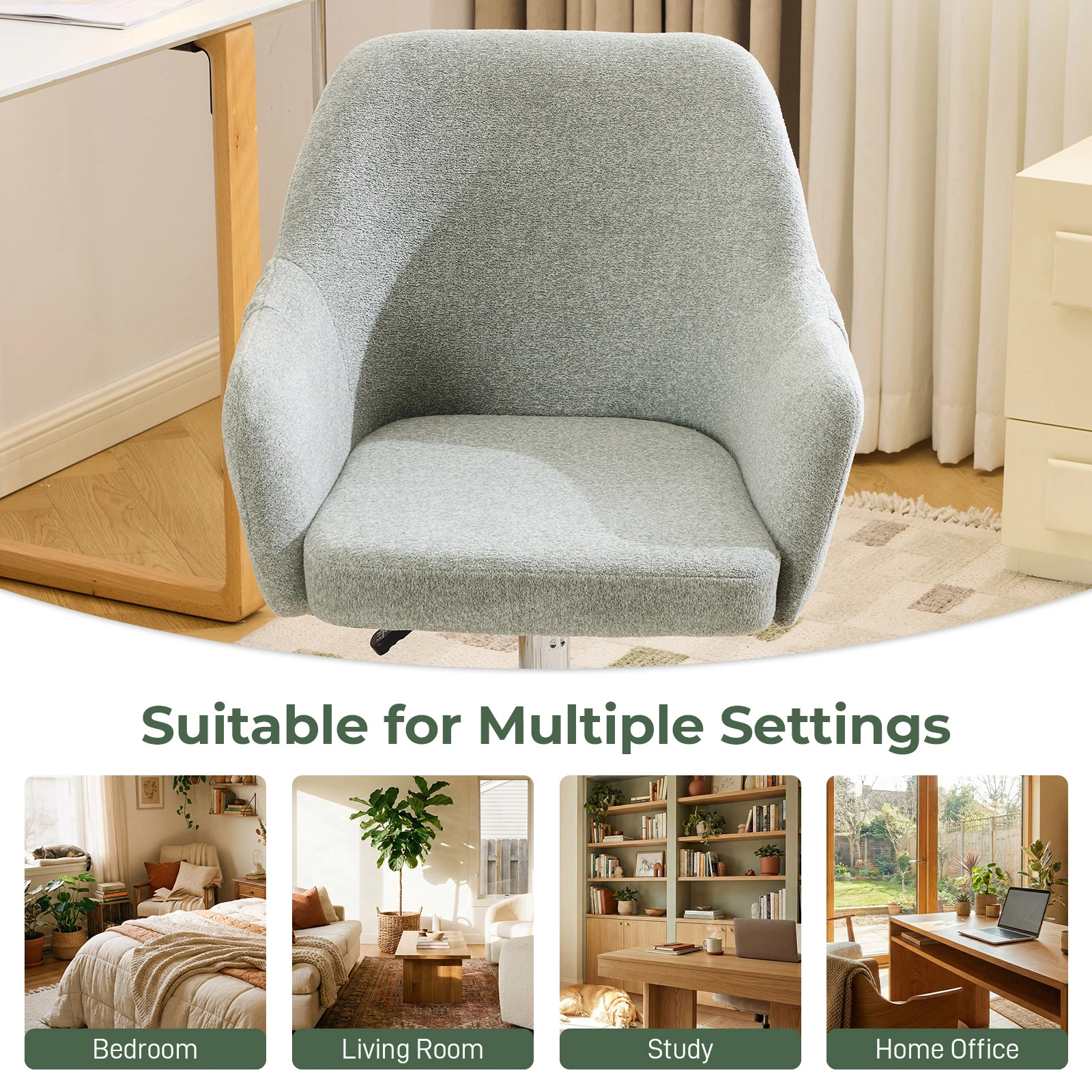 Height Adjustable Home Office Desk Chair 24.4"W x 17.3"D x 31"-35"H, 360° Swivel Rolling Task Chair with Armrests, Snowflake Velvet Upholstered Vanity Chair in Light Teal view 3
