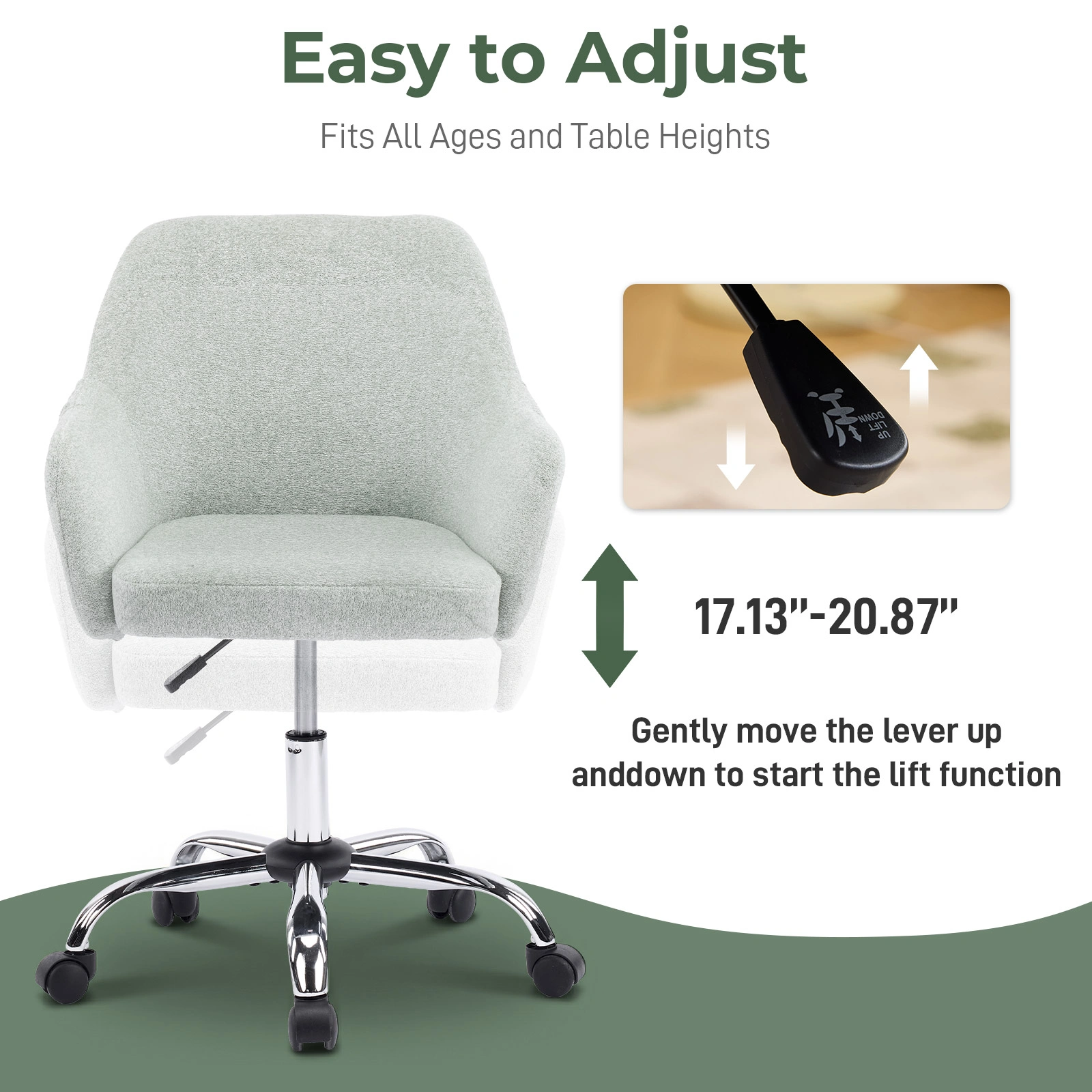 Height Adjustable Home Office Desk Chair 24.4"W x 17.3"D x 31"-35"H, 360° Swivel Rolling Task Chair with Armrests, Snowflake Velvet Upholstered Vanity Chair in Light Teal view 4