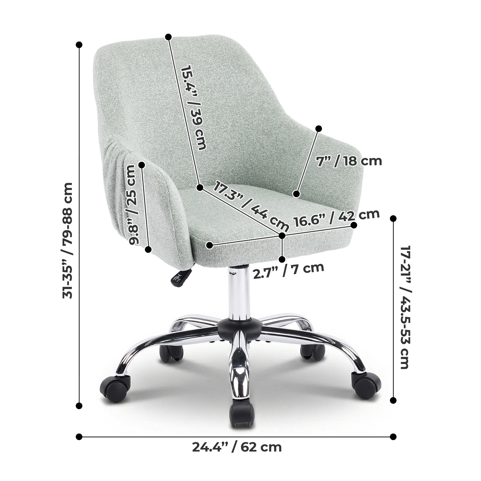 Height Adjustable Home Office Desk Chair 24.4"W x 17.3"D x 31"-35"H, 360° Swivel Rolling Task Chair with Armrests, Snowflake Velvet Upholstered Vanity Chair in Light Teal view 5