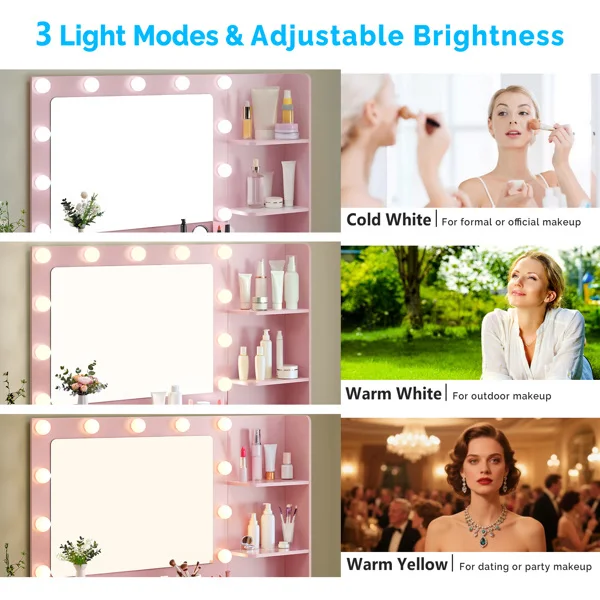 Pink particleboard with a melamine finish, 5-drawer, 2-tiered dressing table set with 11 three-tone light bulbs, power strip, and grille. view 2