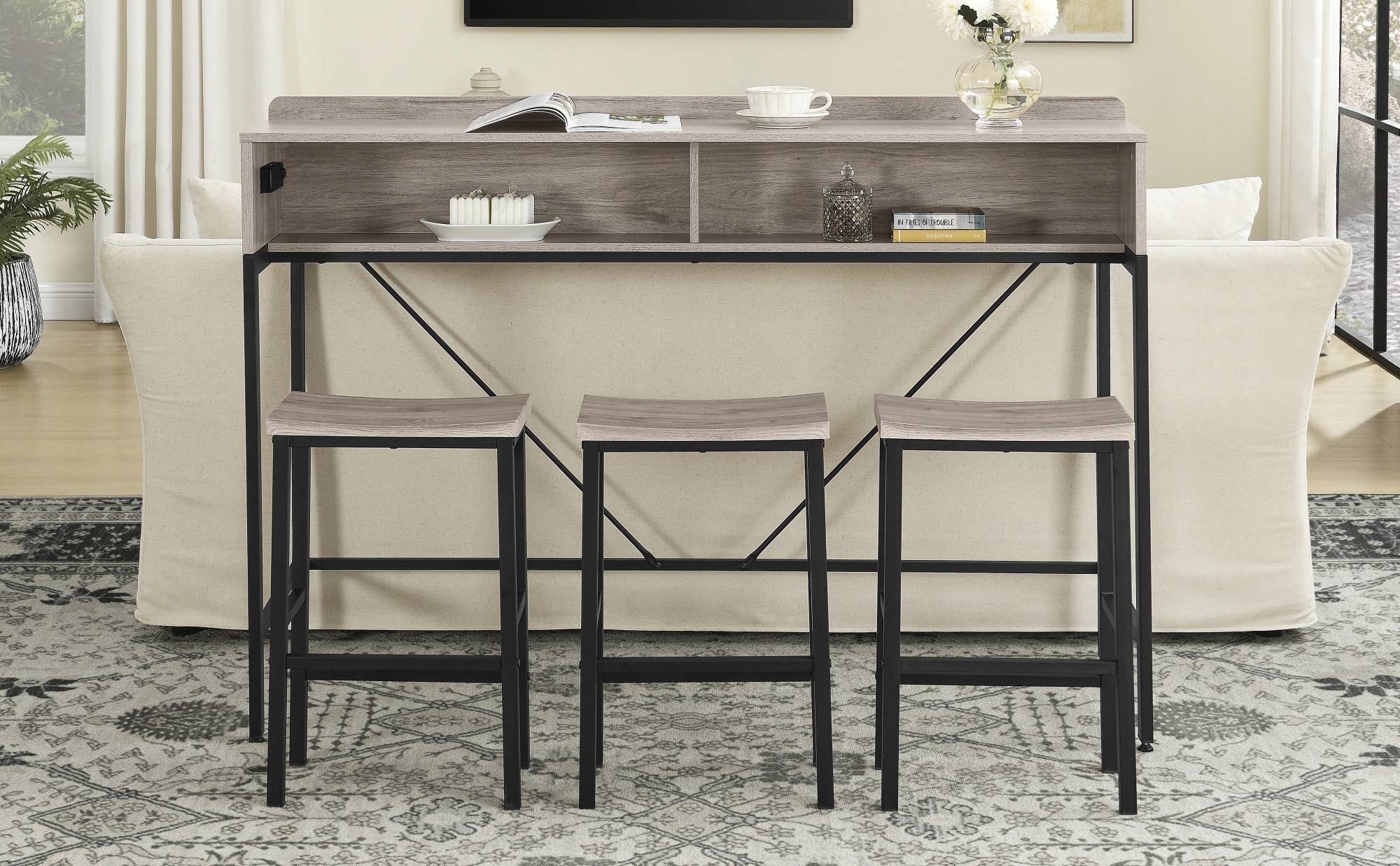 59 Inch Bar Table Set with Power Outlet & LED Light, 3 Saddle Stools, 4-Piece Dining Sofa Table with Charging Station for Living Room Kitchen view 15