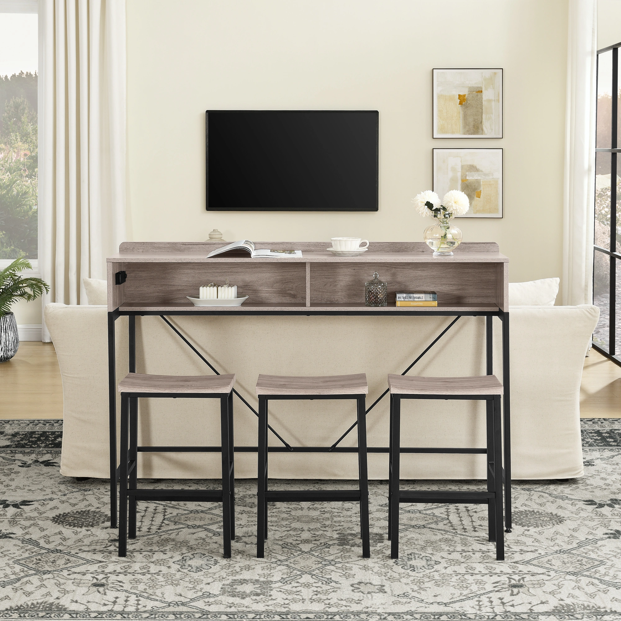 59 Inch Bar Table Set with Power Outlet & LED Light, 3 Saddle Stools, 4-Piece Dining Sofa Table with Charging Station for Living Room Kitchen view 3