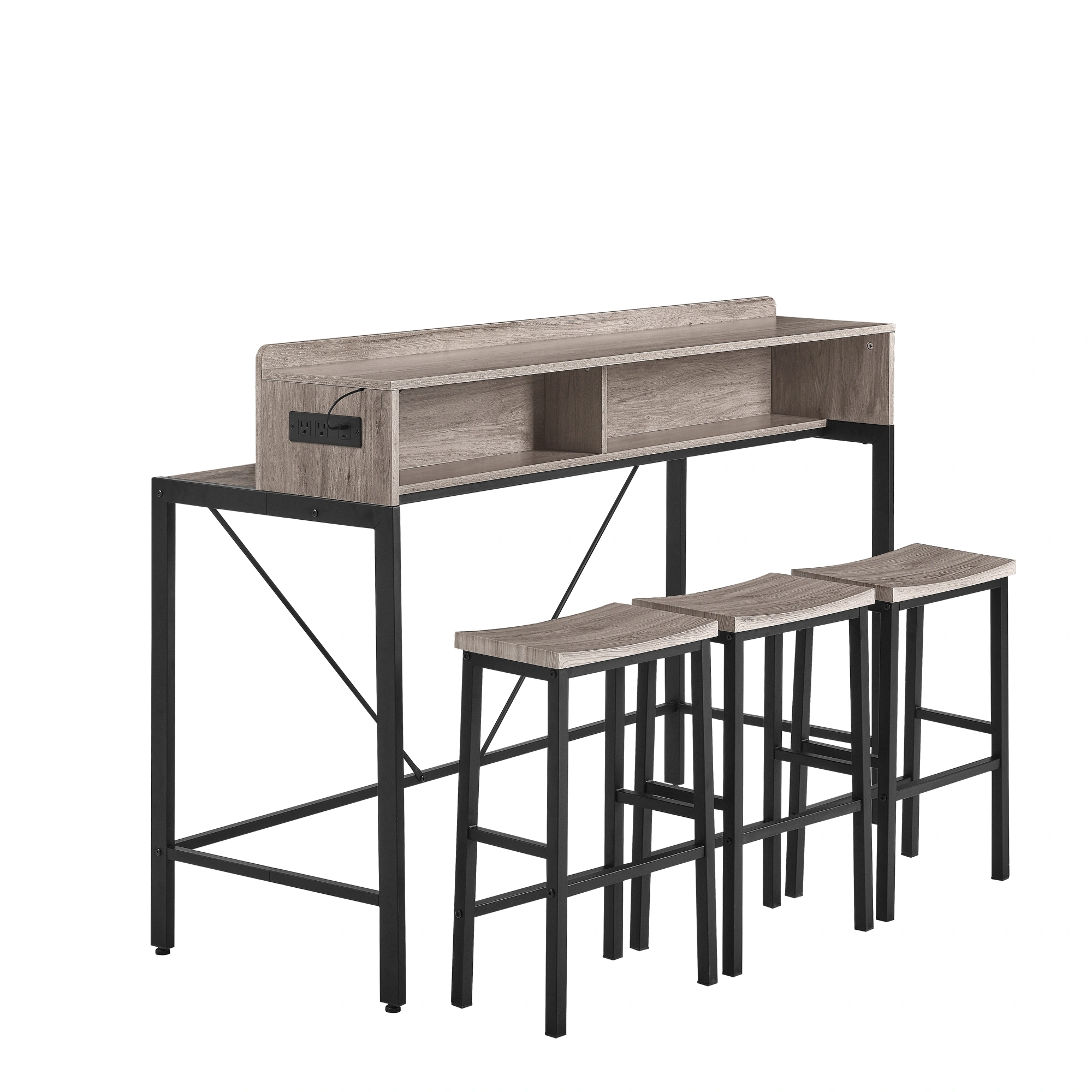 59 Inch Bar Table Set with Power Outlet & LED Light, 3 Saddle Stools, 4-Piece Dining Sofa Table with Charging Station for Living Room Kitchen view 5