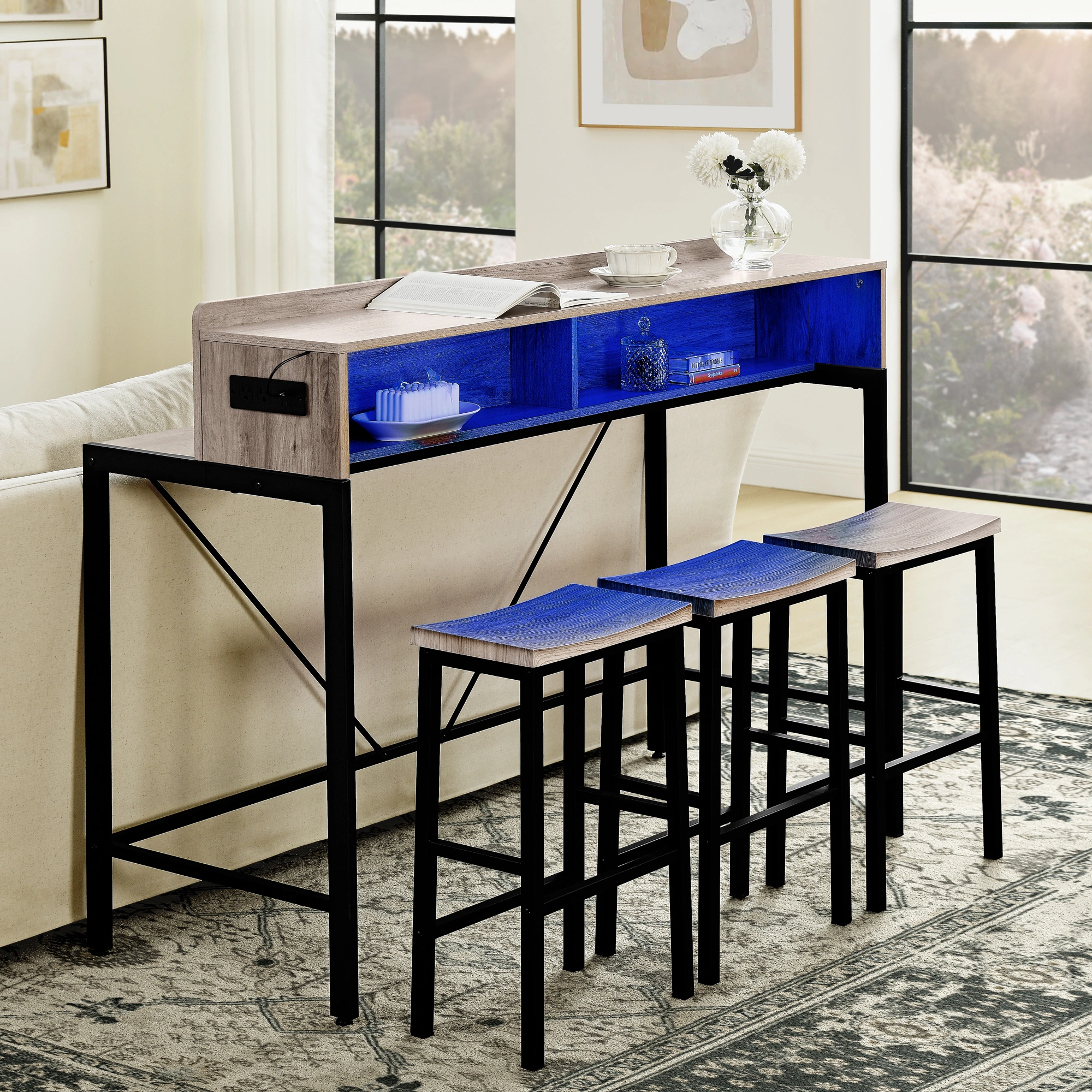 59 Inch Bar Table Set with Power Outlet & LED Light, 3 Saddle Stools, 4-Piece Dining Sofa Table with Charging Station for Living Room Kitchen view 6