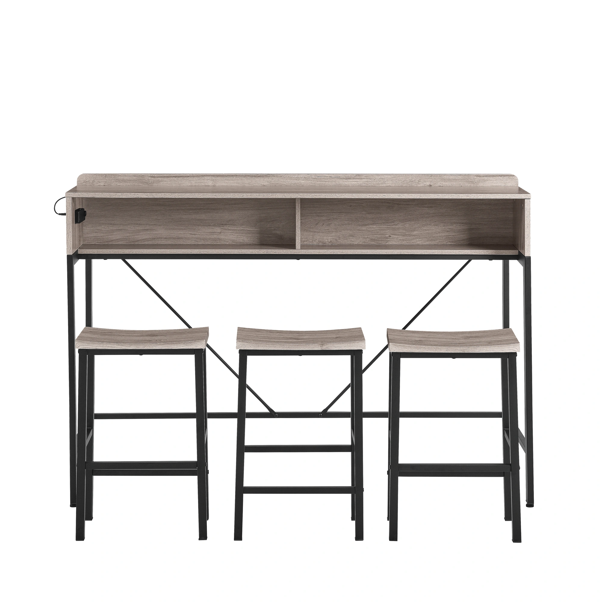 59 Inch Bar Table Set with Power Outlet & LED Light, 3 Saddle Stools, 4-Piece Dining Sofa Table with Charging Station for Living Room Kitchen view 7