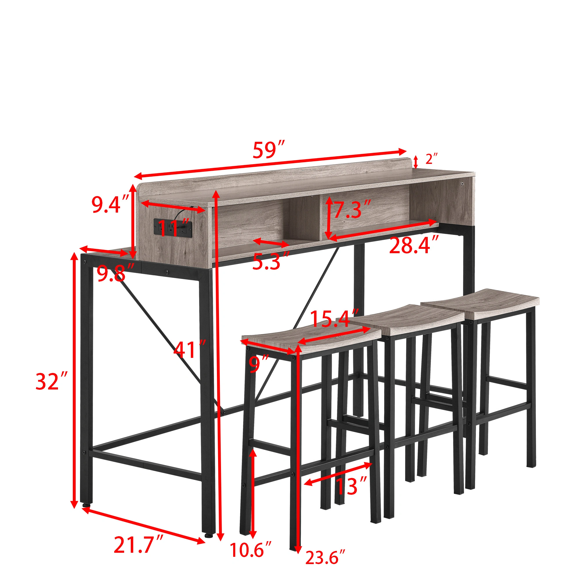 59 Inch Bar Table Set with Power Outlet & LED Light, 3 Saddle Stools, 4-Piece Dining Sofa Table with Charging Station for Living Room Kitchen view 9