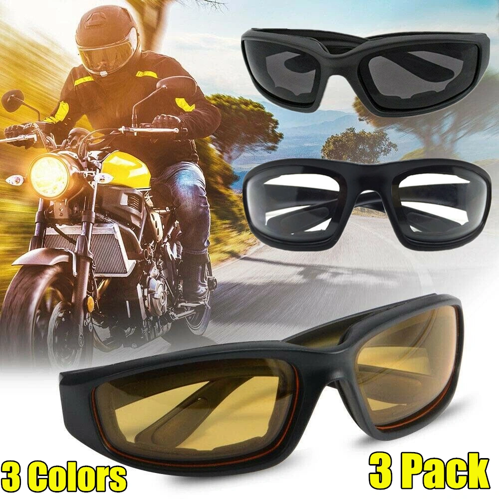 3 Pairs Motorcycle Sunglasses Wind Resistant Riding Glasses Goggles for Men Women, Cycling Eyewear with Gray/Clear/Yellow Lenses