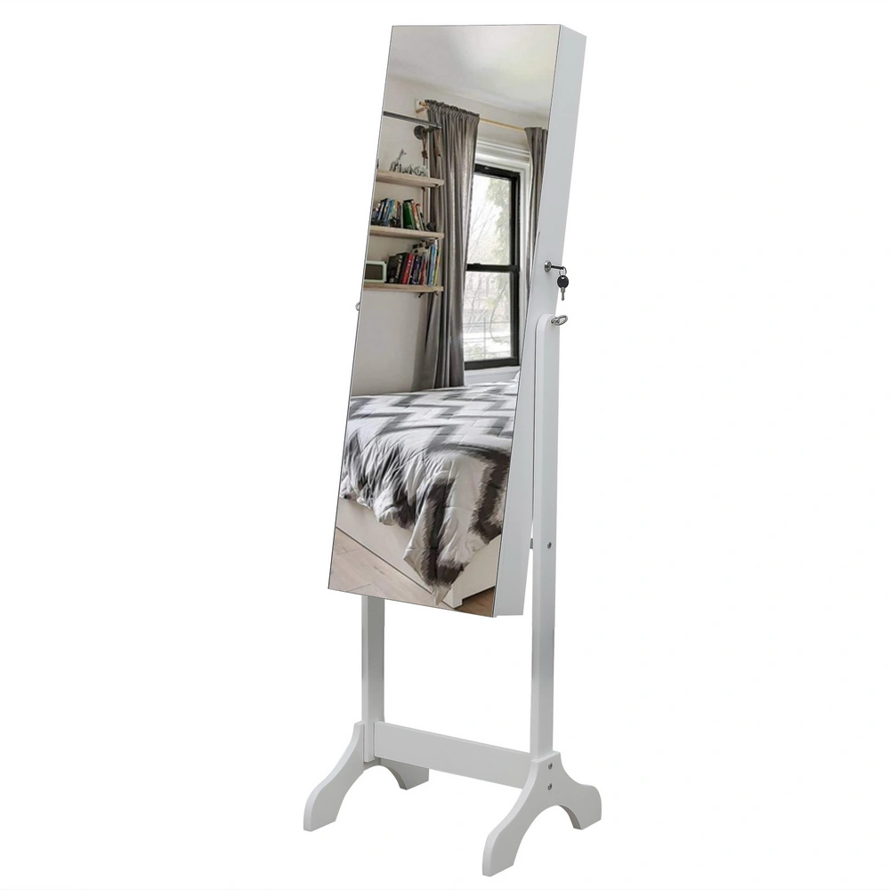 White Wooden Floor Standing Jewelry Mirror Cabinet, 4-Tier Shelf, Full Mirror with Inner Mirror, Adjustable Storage Armoire view 2