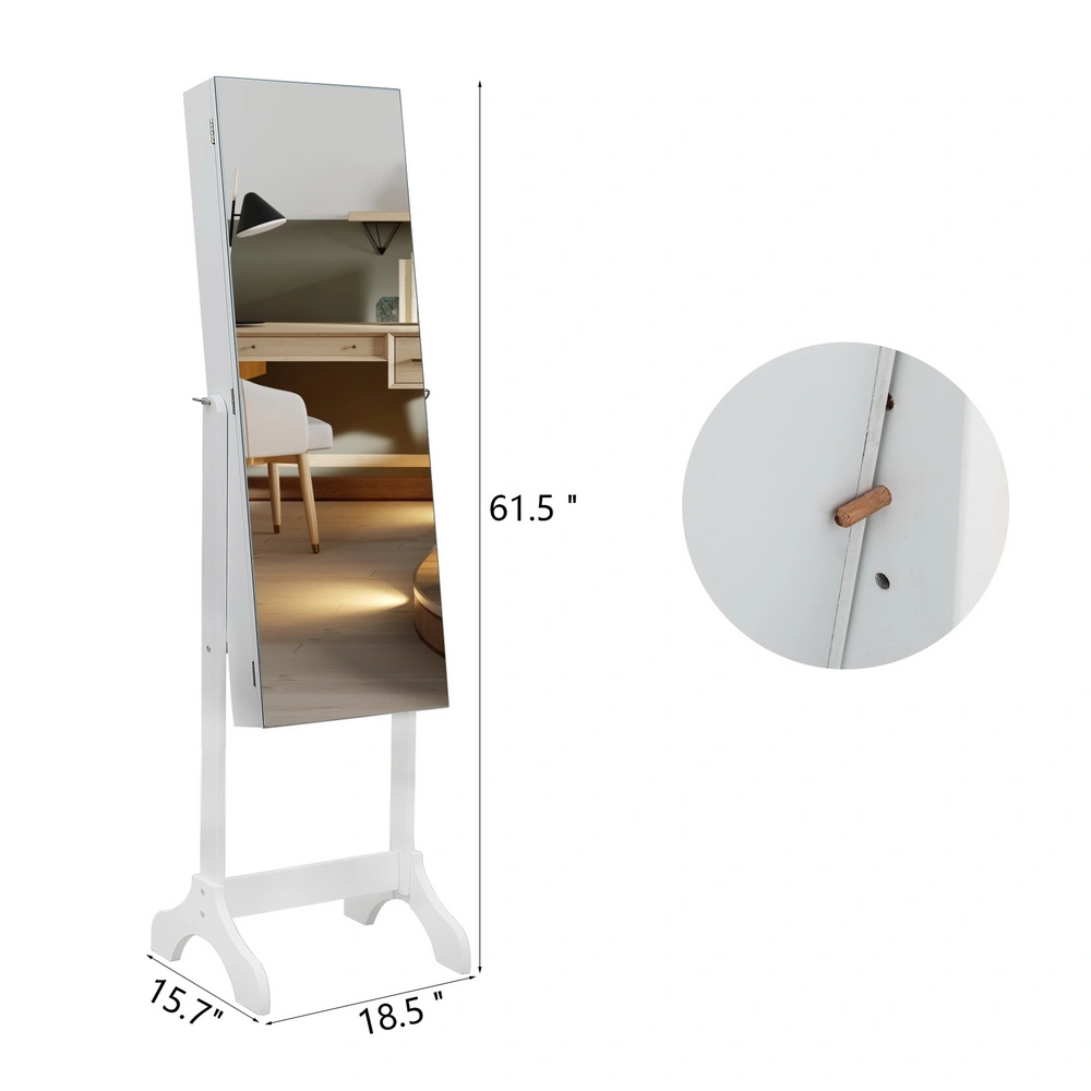 White Wooden Floor Standing Jewelry Mirror Cabinet, 4-Tier Shelf, Full Mirror with Inner Mirror, Adjustable Storage Armoire view 3