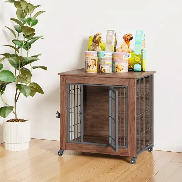 27.2" Dog Crate Furniture with Wheels for Small Dogs, Heavy Duty Dog Kennel Indoor with 2 Doors, Wooden Pet Cage End Table, Double-Doors Sturdy Metal Dog Cage for Anxiety Dog view 3