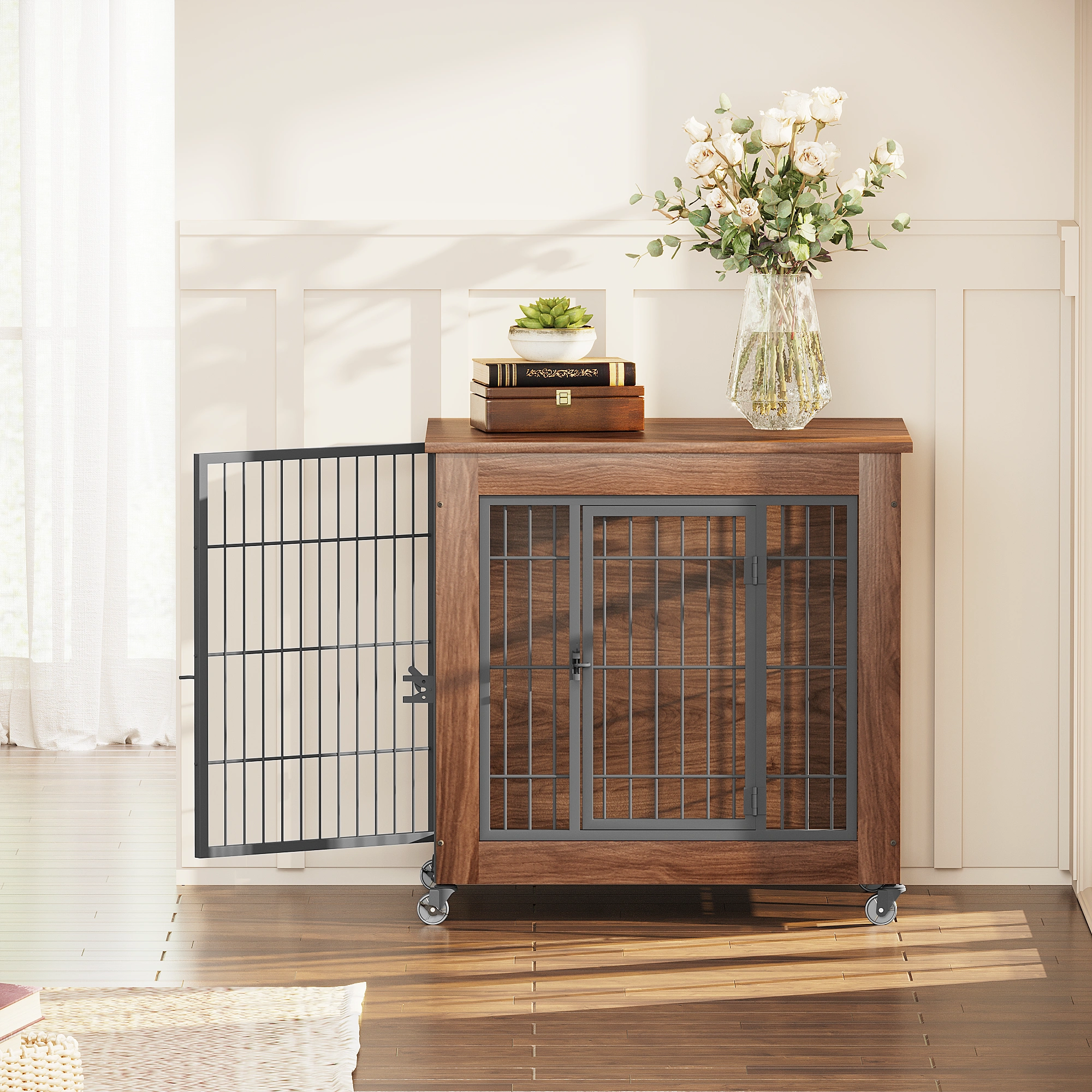27.2" Dog Crate Furniture with Wheels for Small Dogs, Heavy Duty Dog Kennel Indoor with 2 Doors, Wooden Pet Cage End Table, Double-Doors Sturdy Metal Dog Cage for Anxiety Dog