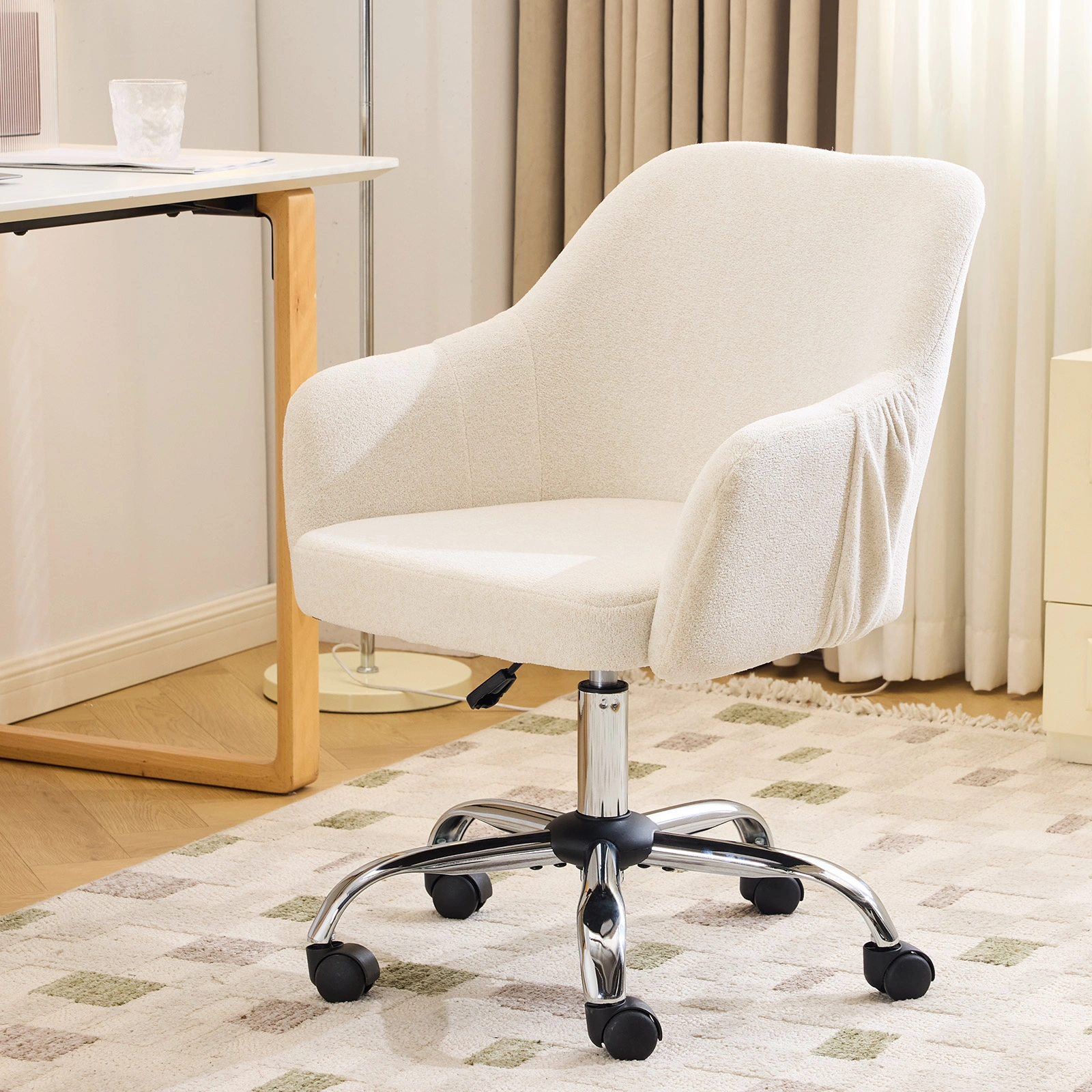 24.4" W x 17.3" D x 31"-35"H Upholstered Home Office Desk Chair with Armrests, Height Adjustable 360° Swivel Rolling Vanity Chair, Soft Snowflake Velvet Fabric Leisure Task Chair for Bedroom Study Living Room, Be view 12
