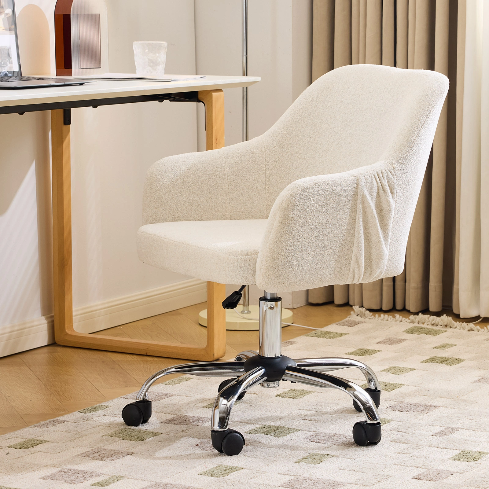 24.4" W x 17.3" D x 31"-35"H Upholstered Home Office Desk Chair with Armrests, Height Adjustable 360° Swivel Rolling Vanity Chair, Soft Snowflake Velvet Fabric Leisure Task Chair for Bedroom Study Living Room, Be view 13