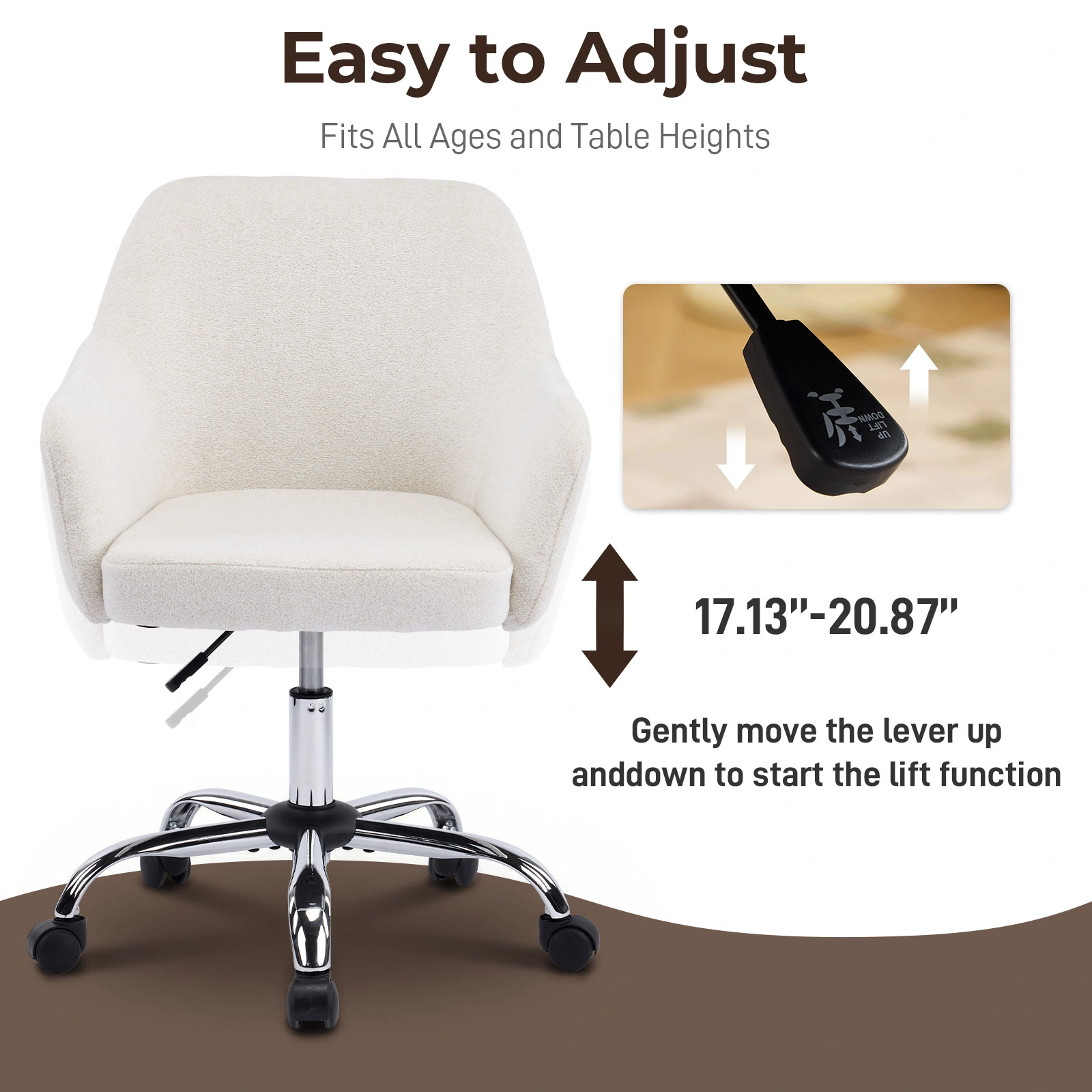 24.4" W x 17.3" D x 31"-35"H Upholstered Home Office Desk Chair with Armrests, Height Adjustable 360° Swivel Rolling Vanity Chair, Soft Snowflake Velvet Fabric Leisure Task Chair for Bedroom Study Living Room, Be view 2