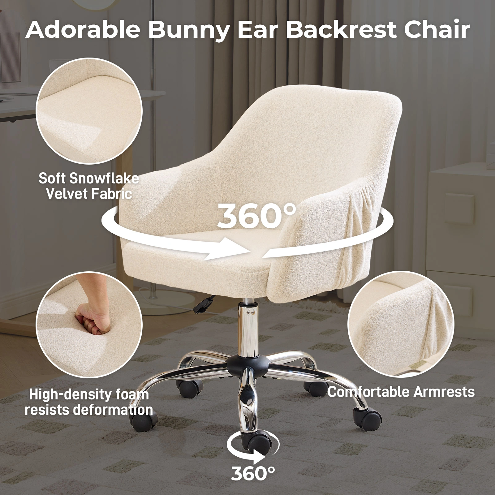 24.4" W x 17.3" D x 31"-35"H Upholstered Home Office Desk Chair with Armrests, Height Adjustable 360° Swivel Rolling Vanity Chair, Soft Snowflake Velvet Fabric Leisure Task Chair for Bedroom Study Living Room, Be view 3