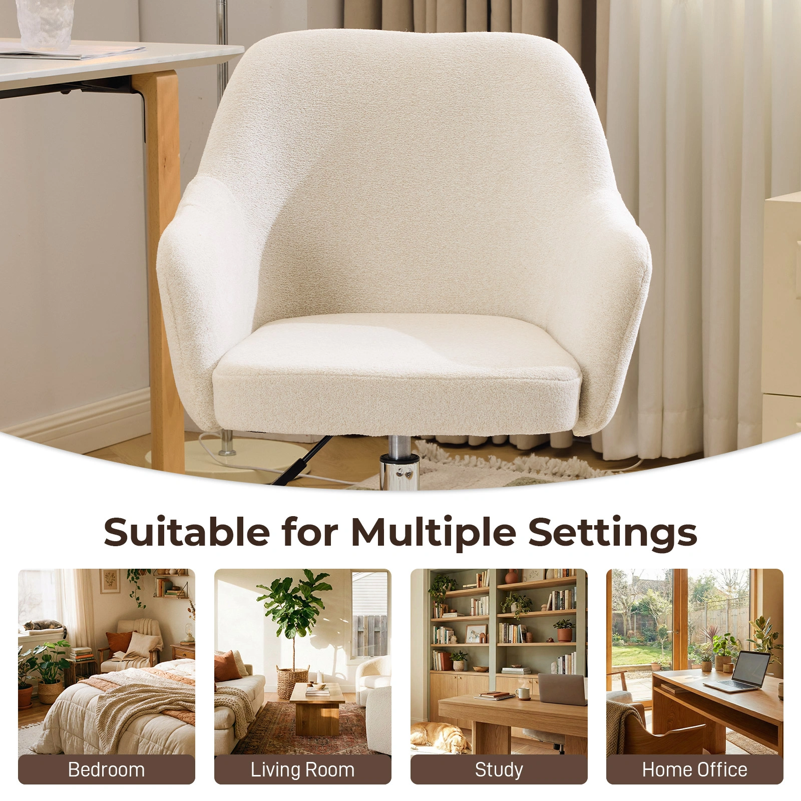 24.4" W x 17.3" D x 31"-35"H Upholstered Home Office Desk Chair with Armrests, Height Adjustable 360° Swivel Rolling Vanity Chair, Soft Snowflake Velvet Fabric Leisure Task Chair for Bedroom Study Living Room, Be view 4