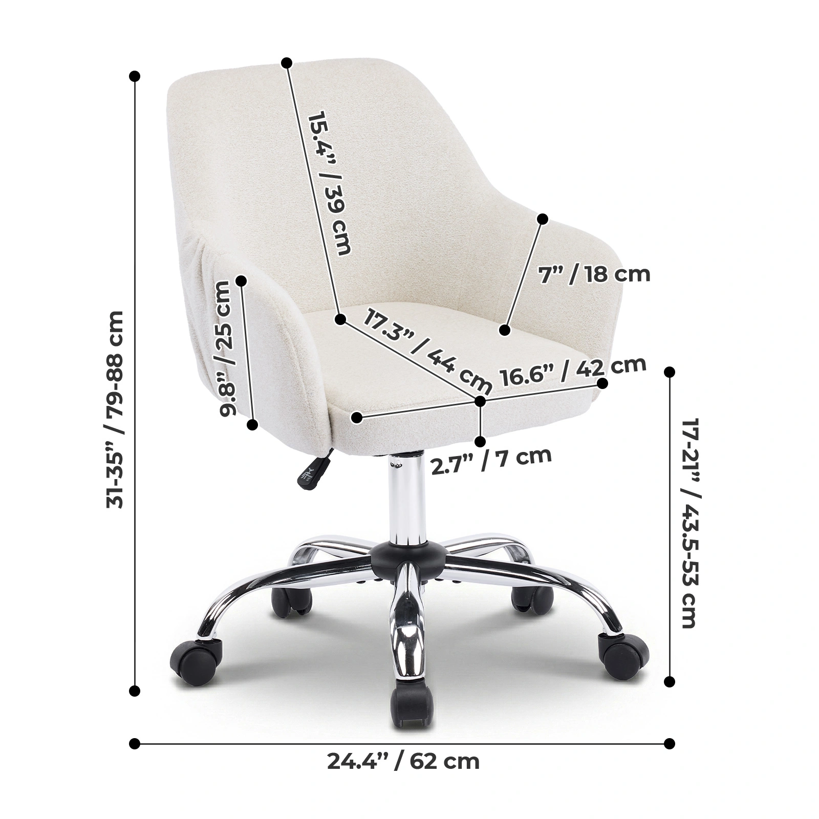 24.4" W x 17.3" D x 31"-35"H Upholstered Home Office Desk Chair with Armrests, Height Adjustable 360° Swivel Rolling Vanity Chair, Soft Snowflake Velvet Fabric Leisure Task Chair for Bedroom Study Living Room, Be view 5