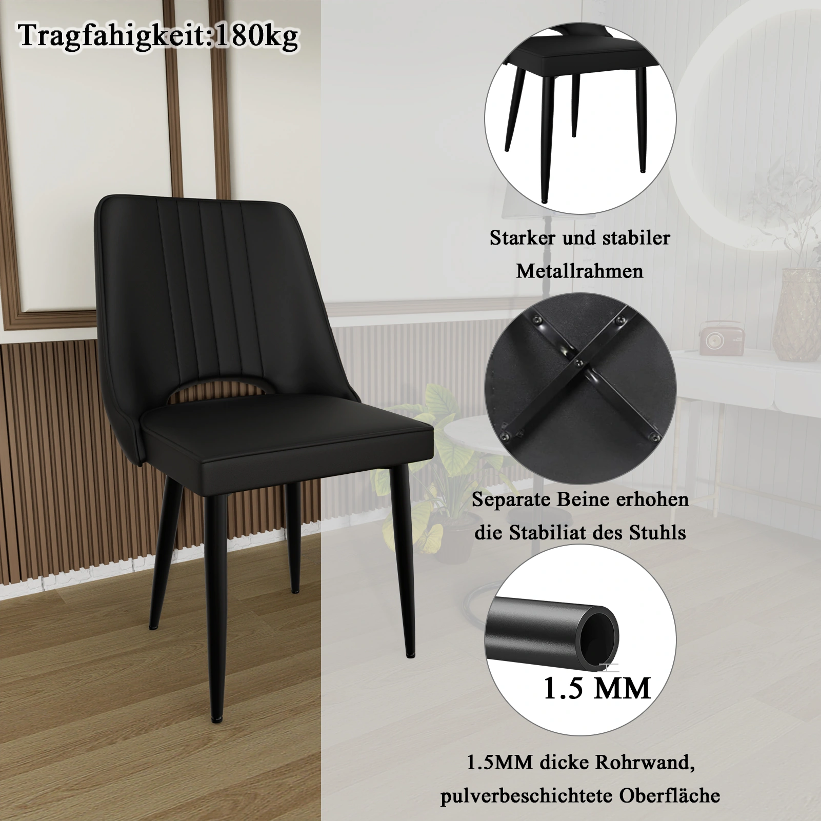 8 PCS Dining Chairs Set, Faux Leather High Back Dining Room Chairs with Metal Legs, Padded Kitchen Chair for Living Room, Bedroom, Modern Upholstered Accent Chair view 3