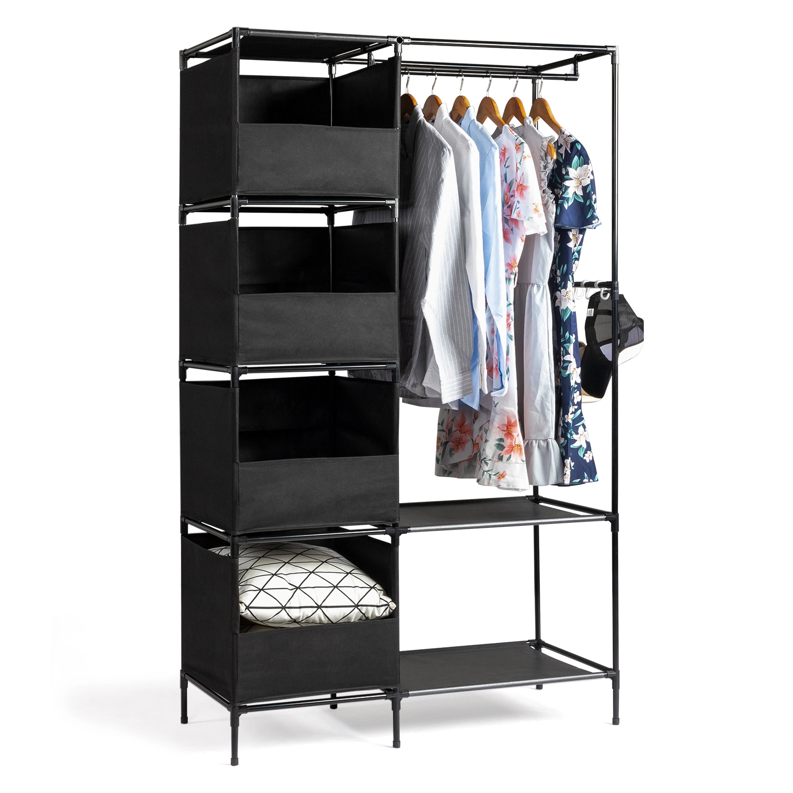 4-Tier Double Row Wardrobe with Curtains, Non-Woven Fabric Hanging Closet with Storage Shelves, Black 105x45x170cm
