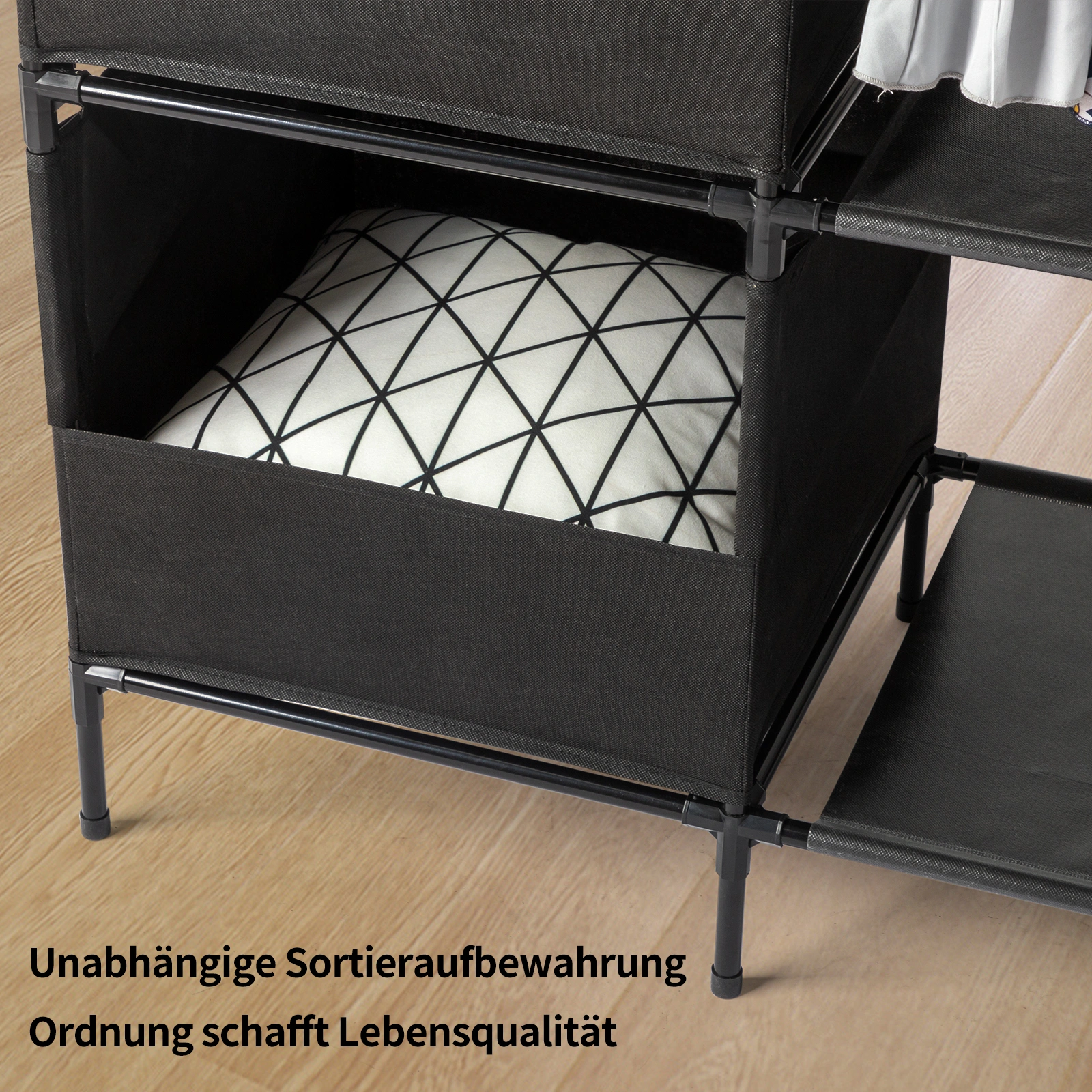 4-Tier Double Row Wardrobe with Curtains, Non-Woven Fabric Hanging Closet with Storage Shelves, Black 105x45x170cm view 2