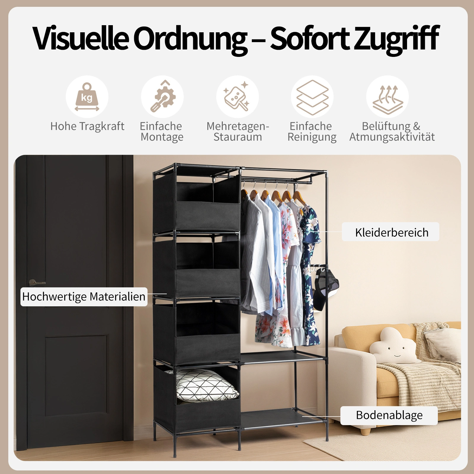 4-Tier Double Row Wardrobe with Curtains, Non-Woven Fabric Hanging Closet with Storage Shelves, Black 105x45x170cm view 4