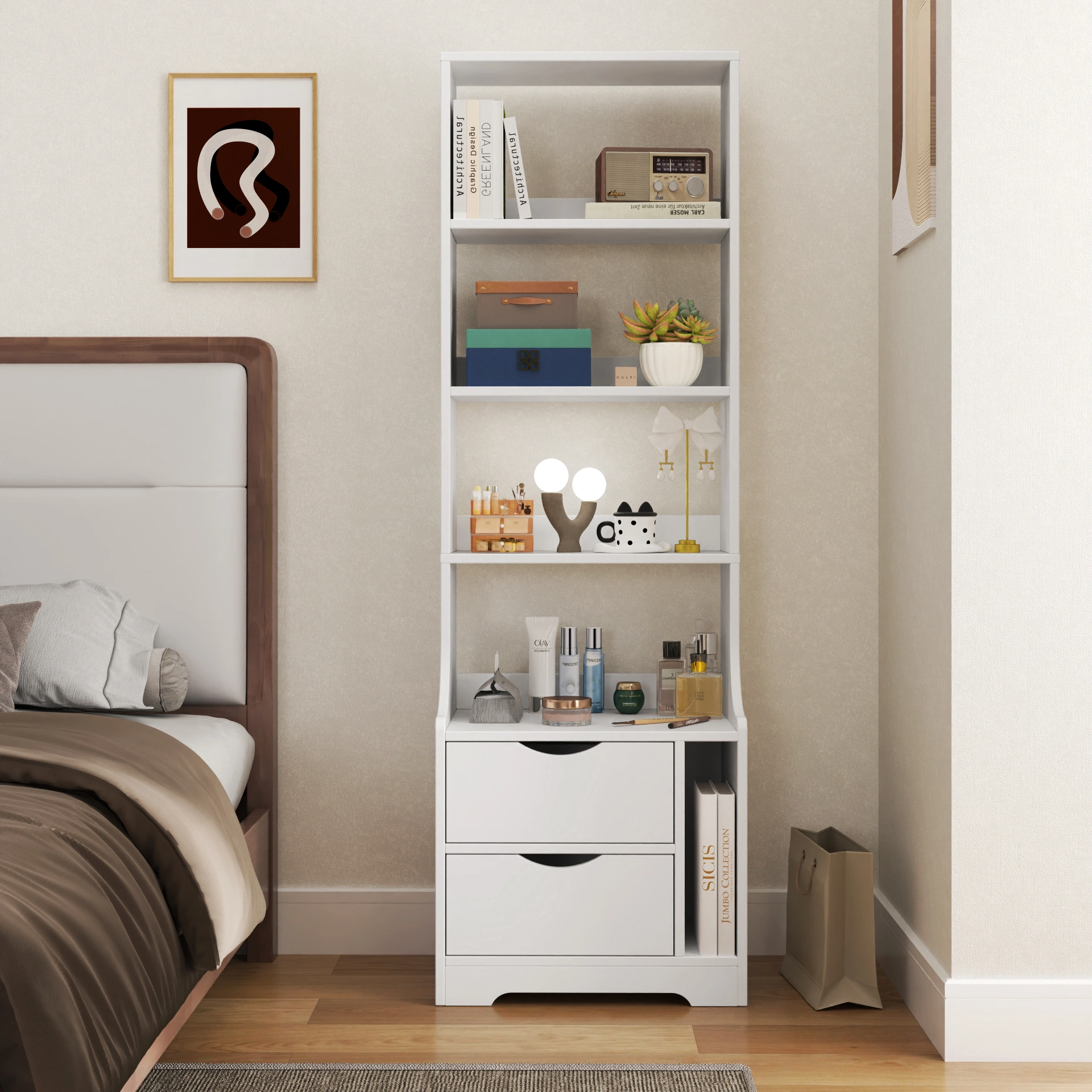 Night Stand with Bookshelf & 2 Storage Drawers, Bedside Table with Open Shelf for Bedroom, Living Room, Small Space Storage Organizer
