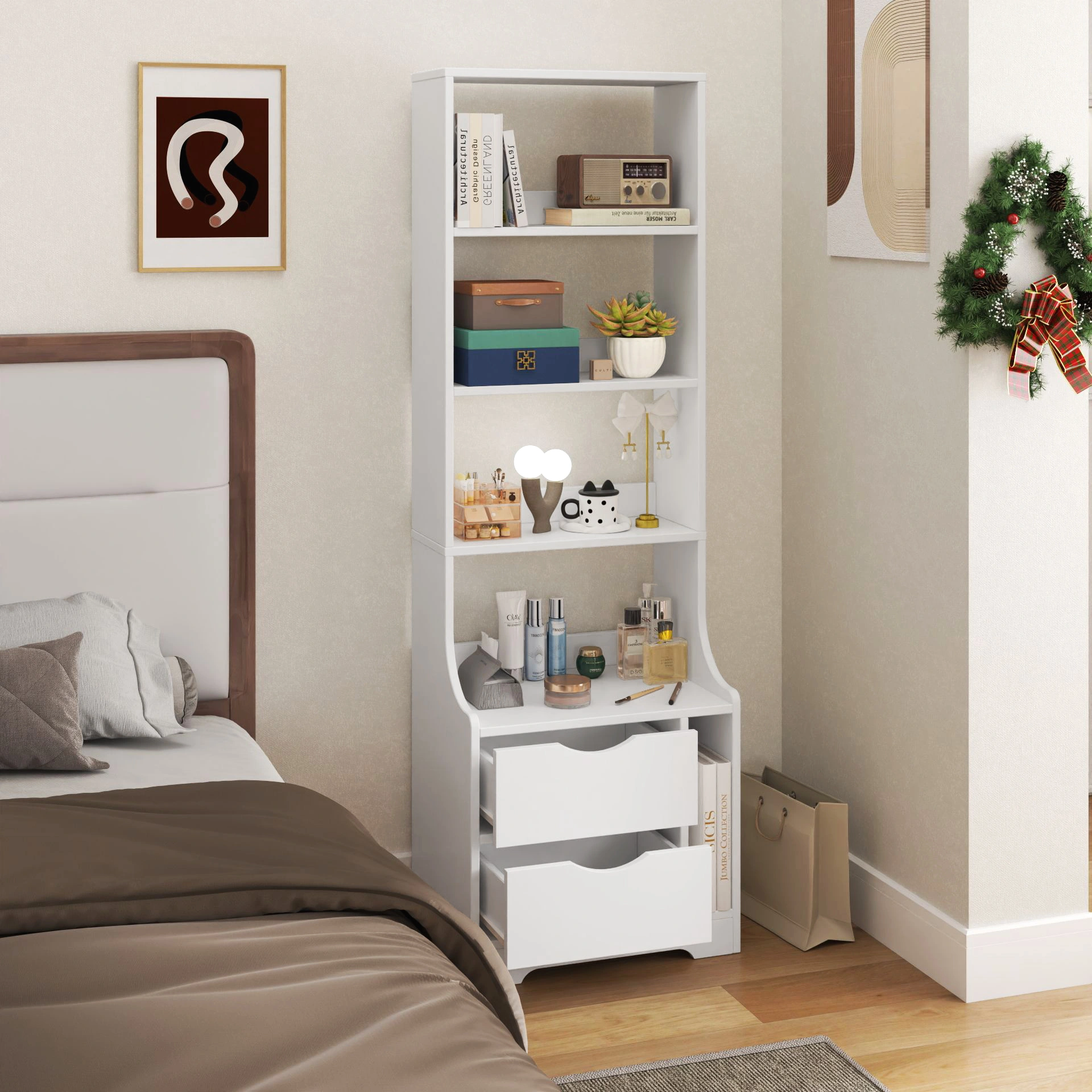 Night Stand with Bookshelf & 2 Storage Drawers, Bedside Table with Open Shelf for Bedroom, Living Room, Small Space Storage Organizer view 13