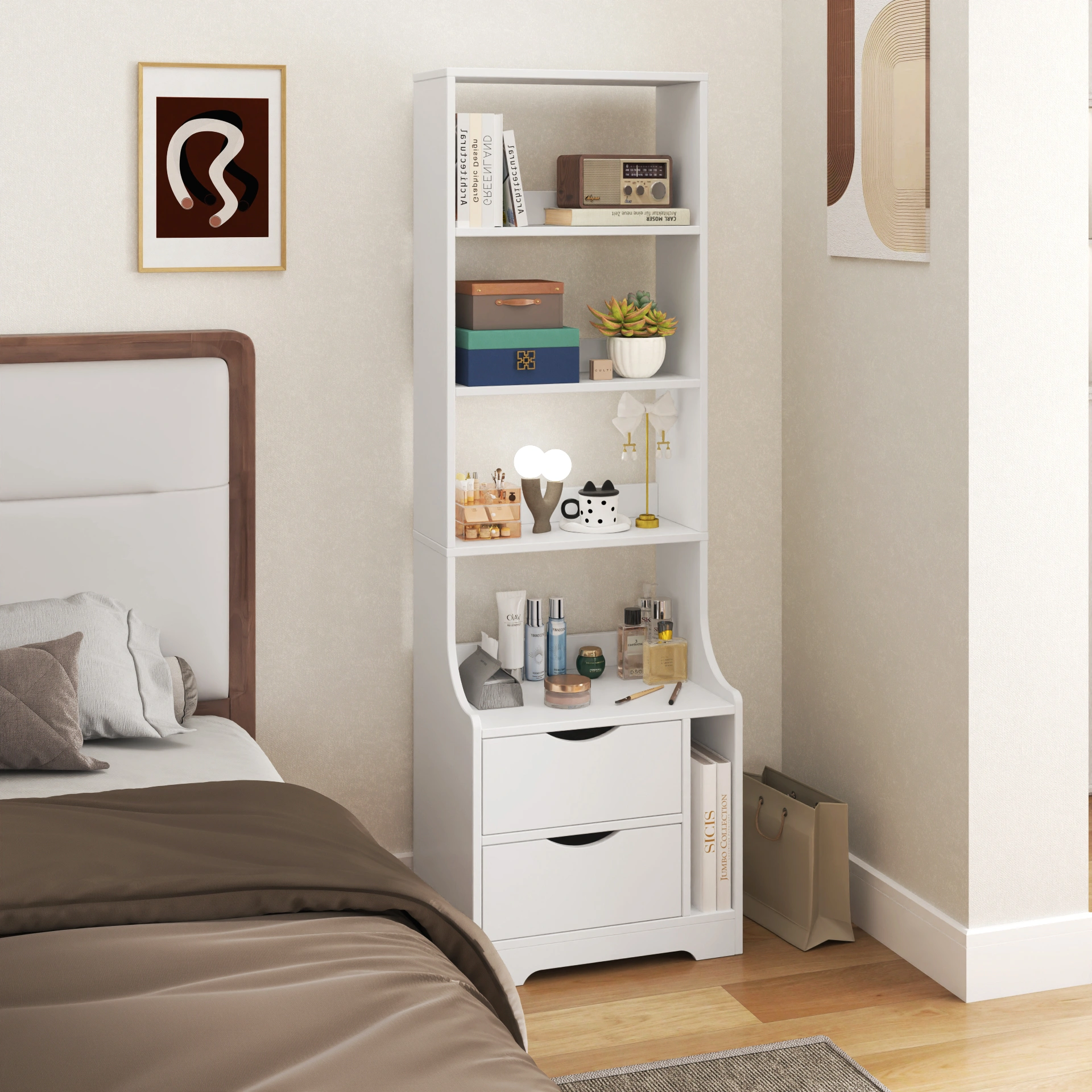 Night Stand with Bookshelf & 2 Storage Drawers, Bedside Table with Open Shelf for Bedroom, Living Room, Small Space Storage Organizer view 2