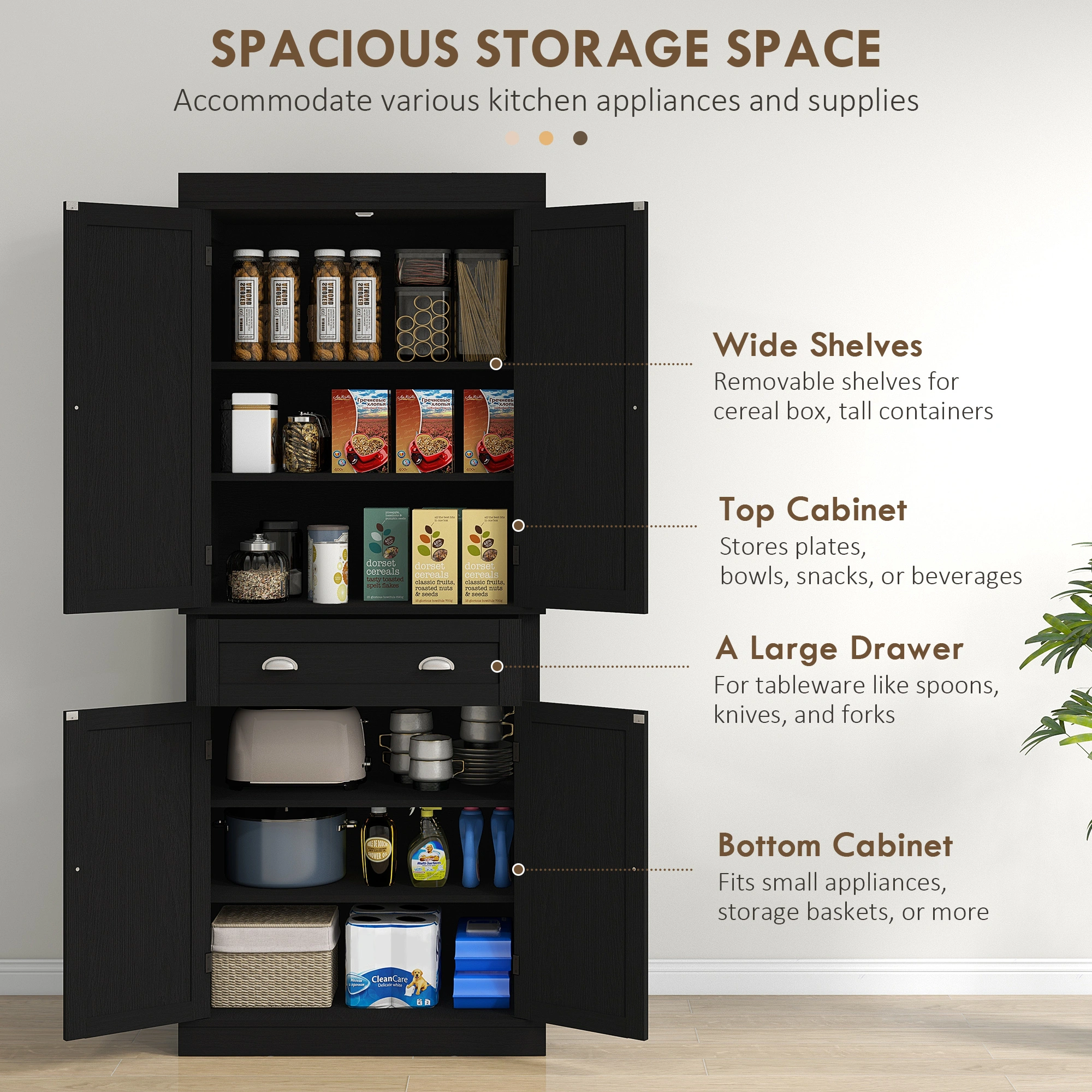 Kitchen Storage Cabinet with Doors & Shelves - Freestanding Pantry Organizer for Kitchen, Bathroom, Mudroom (White/Multi-Color) view 3