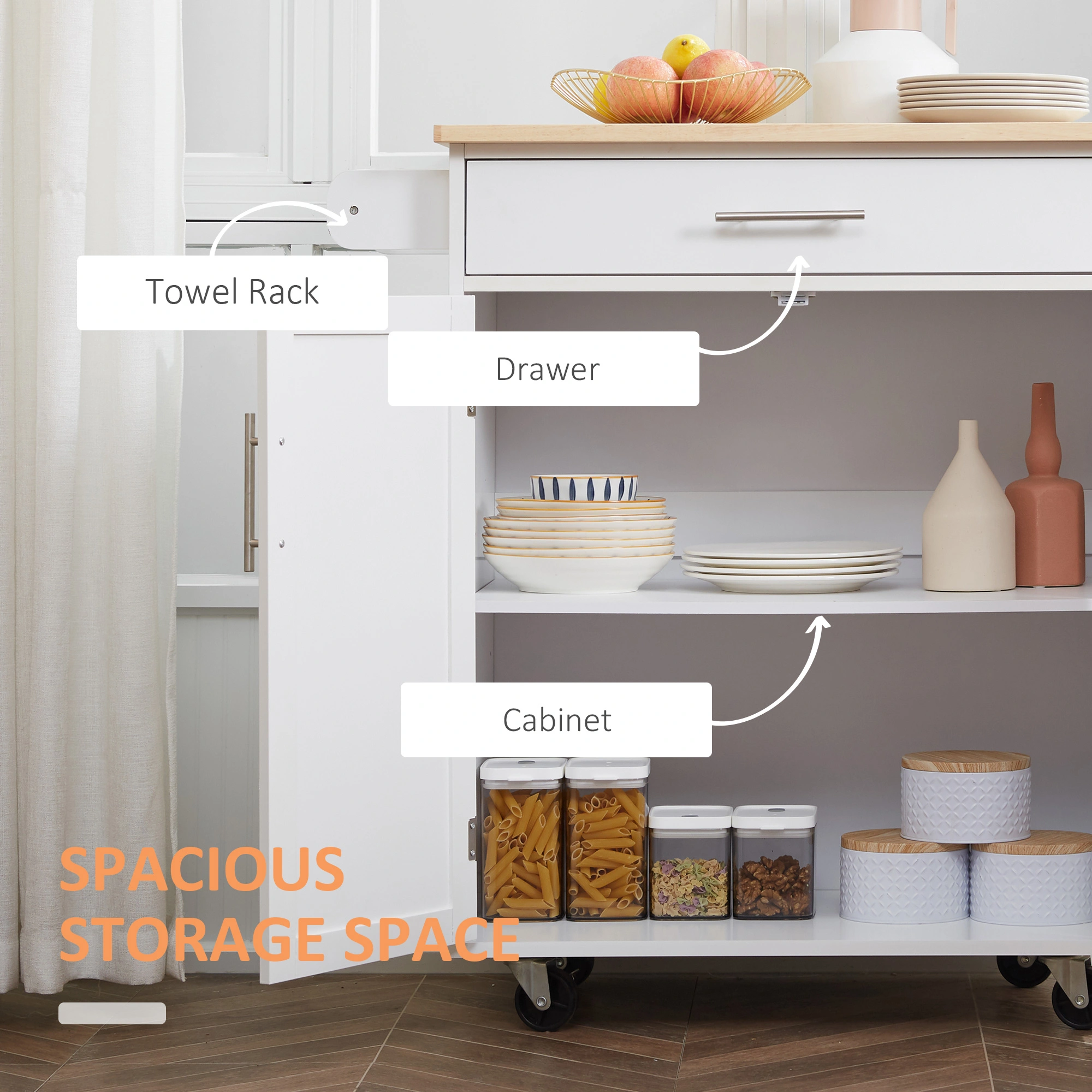 Kitchen Storage Cabinet with Doors & Drawers, 3-Shelf Pantry Cupboard for Dineware, Pots & Groceries - Compact Free-Standing Organizer view 3