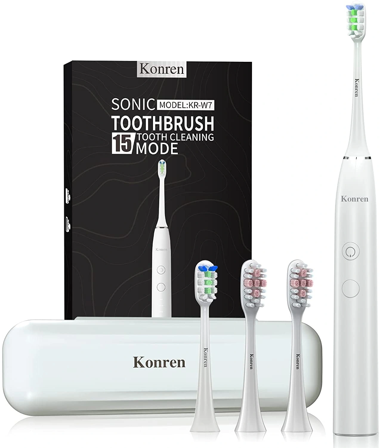 Konren Electric Toothbrush KR-W7 Sonic Rechargeable, 4 Brush Heads, Timer, 5 Modes & 3 Speeds, Travel Case, White