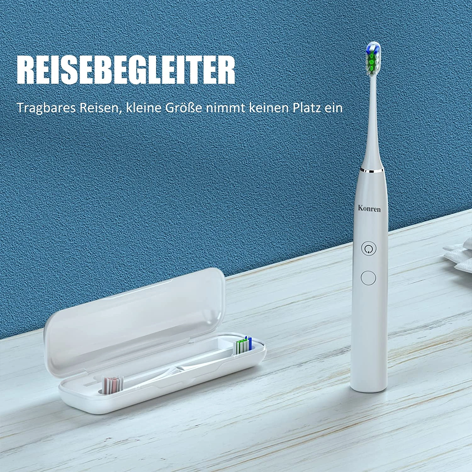 Konren Electric Toothbrush KR-W7 Sonic Rechargeable, 4 Brush Heads, Timer, 5 Modes & 3 Speeds, Travel Case, White view 2