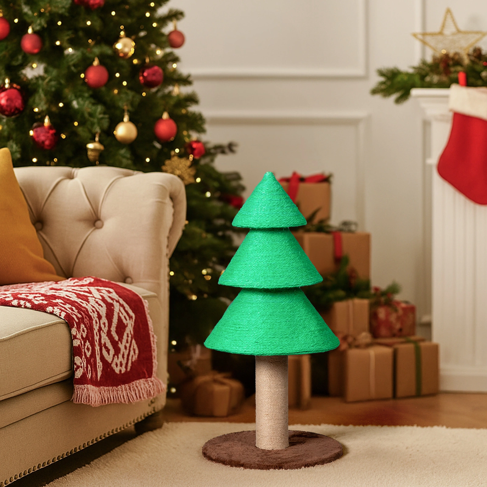 31.5in Christmas Tree Cat Scratcher, Cat Scratching Post for Indoor Cats, Large Sisal Cat Scratching Tree Cat Scratch Tower, Green view 6