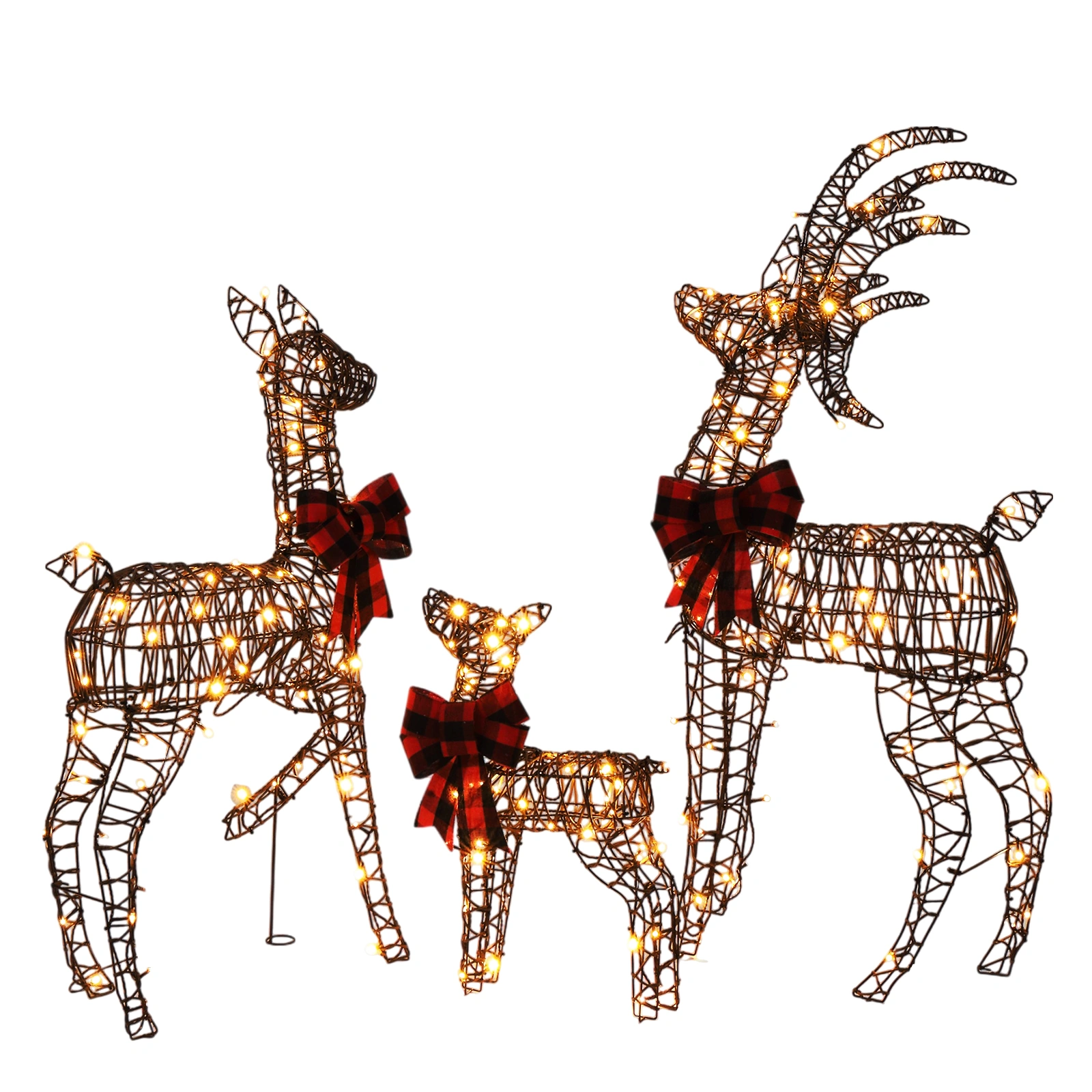 3-Piece Lighted Christmas Reindeer Family Set, 4FT Weather Proof Rattan Deer Decorations with 210 Warm White LED Lights, Outdoor Indoor Holiday Home Ornament, Brown