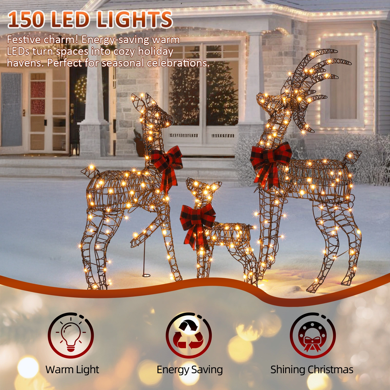 3-Piece Lighted Christmas Reindeer Family Set, 4FT Weather Proof Rattan Deer Decorations with 210 Warm White LED Lights, Outdoor Indoor Holiday Home Ornament, Brown view 3