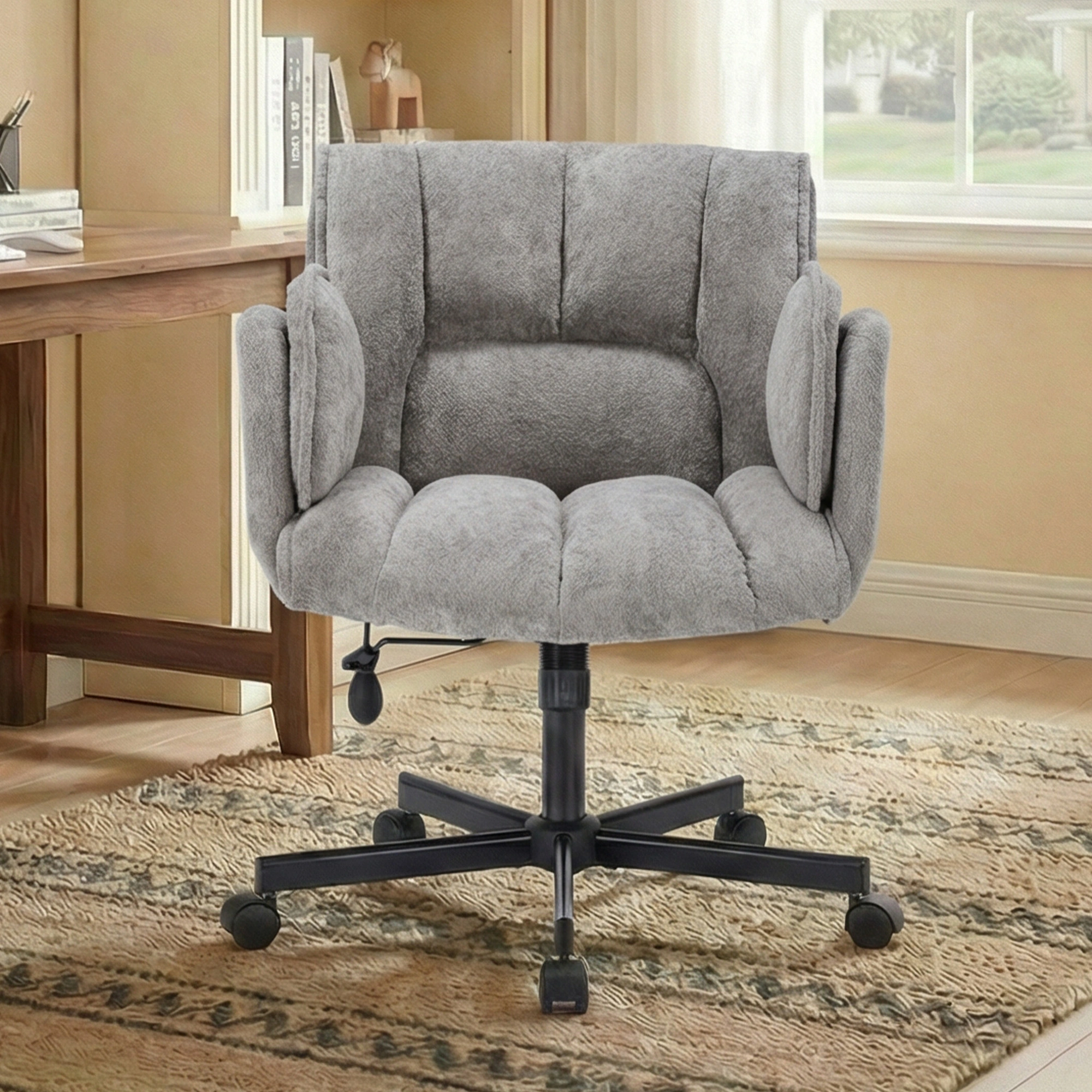Home office chair, swivel chair, desk chair with casters, rotatable office chair with foldable armrests, load capacity 150kg, height adjustable, Grey view 2