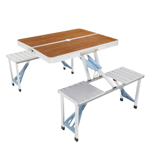 136*85.5*67cm 50kg Aluminum Alloy Table And Chair One Piece Camping One Piece Table And Chair Wood Grain Color view 2
