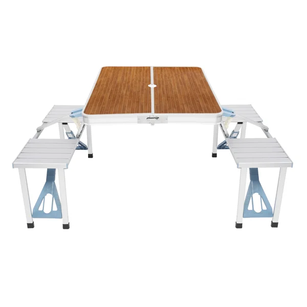 136*85.5*67cm 50kg Aluminum Alloy Table And Chair One Piece Camping One Piece Table And Chair Wood Grain Color view 3