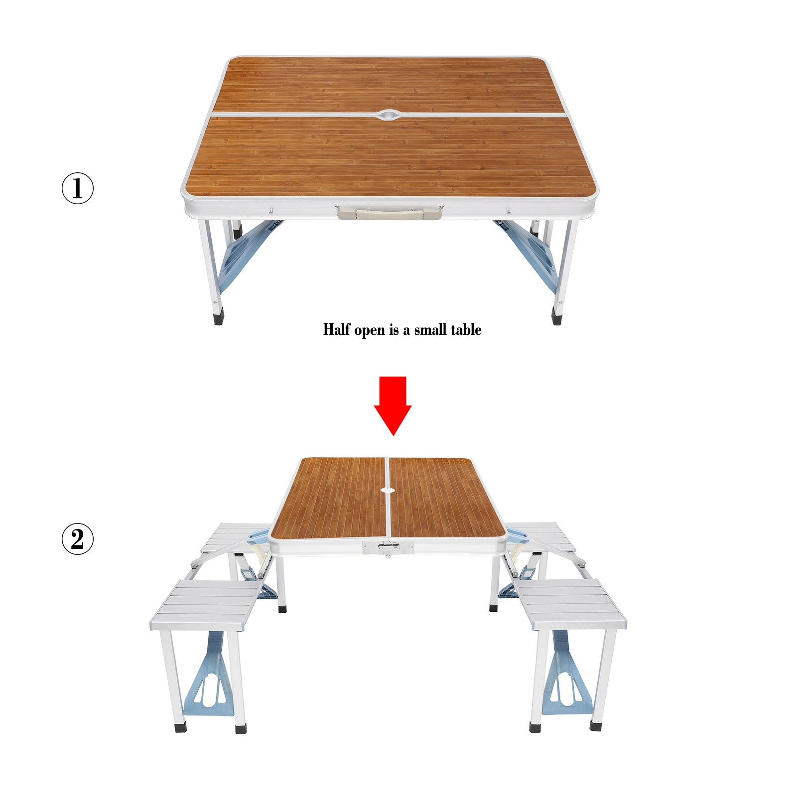 136*85.5*67cm 50kg Aluminum Alloy Table And Chair One Piece Camping One Piece Table And Chair Wood Grain Color view 12