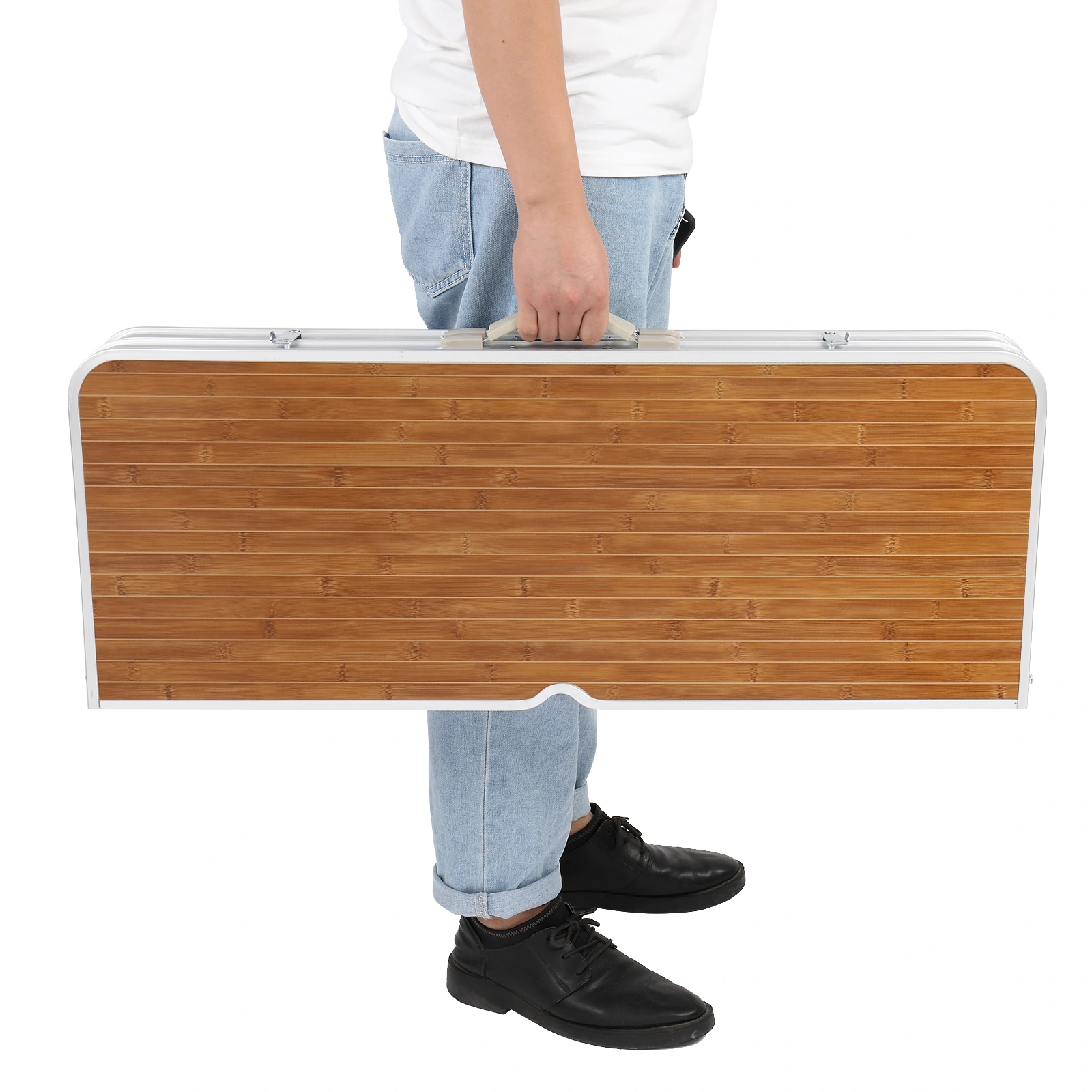 136*85.5*67cm 50kg Aluminum Alloy Table And Chair One Piece Camping One Piece Table And Chair Wood Grain Color view 15