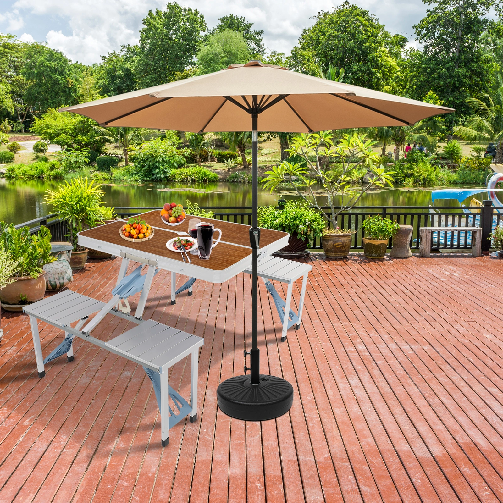136*85.5*67cm 50kg Aluminum Alloy Table And Chair One Piece Camping One Piece Table And Chair Wood Grain Color view 22