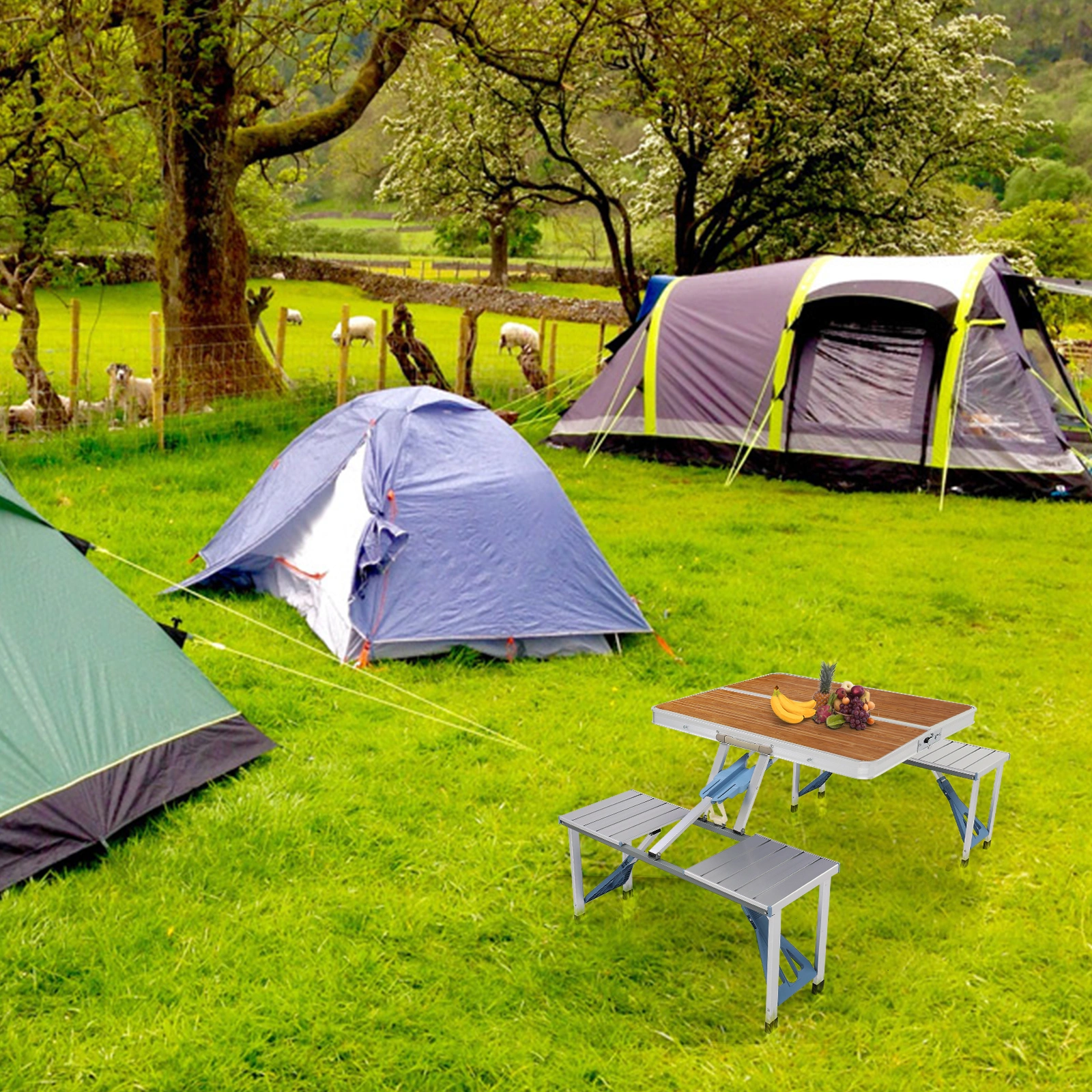 136*85.5*67cm 50kg Aluminum Alloy Table And Chair One Piece Camping One Piece Table And Chair Wood Grain Color view 27