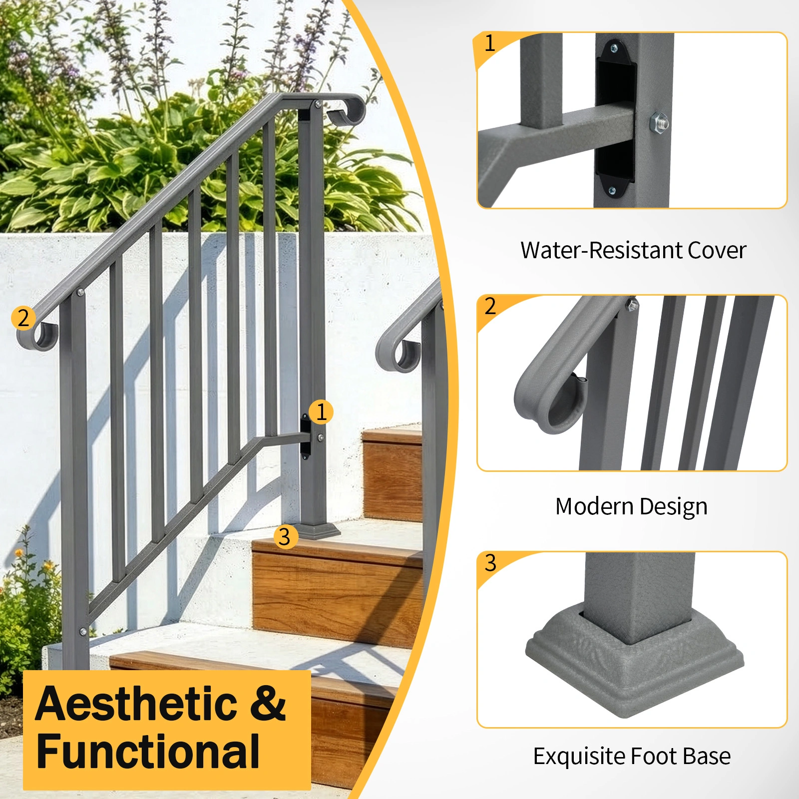 Silver Outdoor 2-Step Iron Handrail view 9