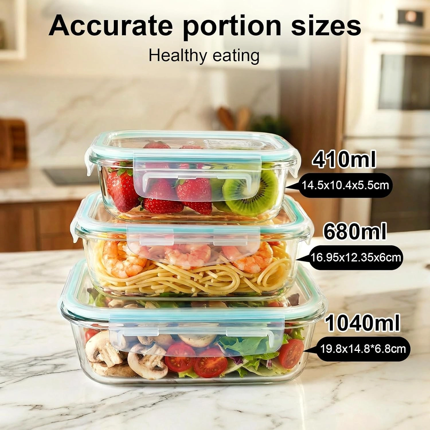 Glass Food Storage Containers with Lids 3 Pack Leakproof 1040ml Meal Prep Bento Boxes for Kitchen Organization and On-the-Go Storage