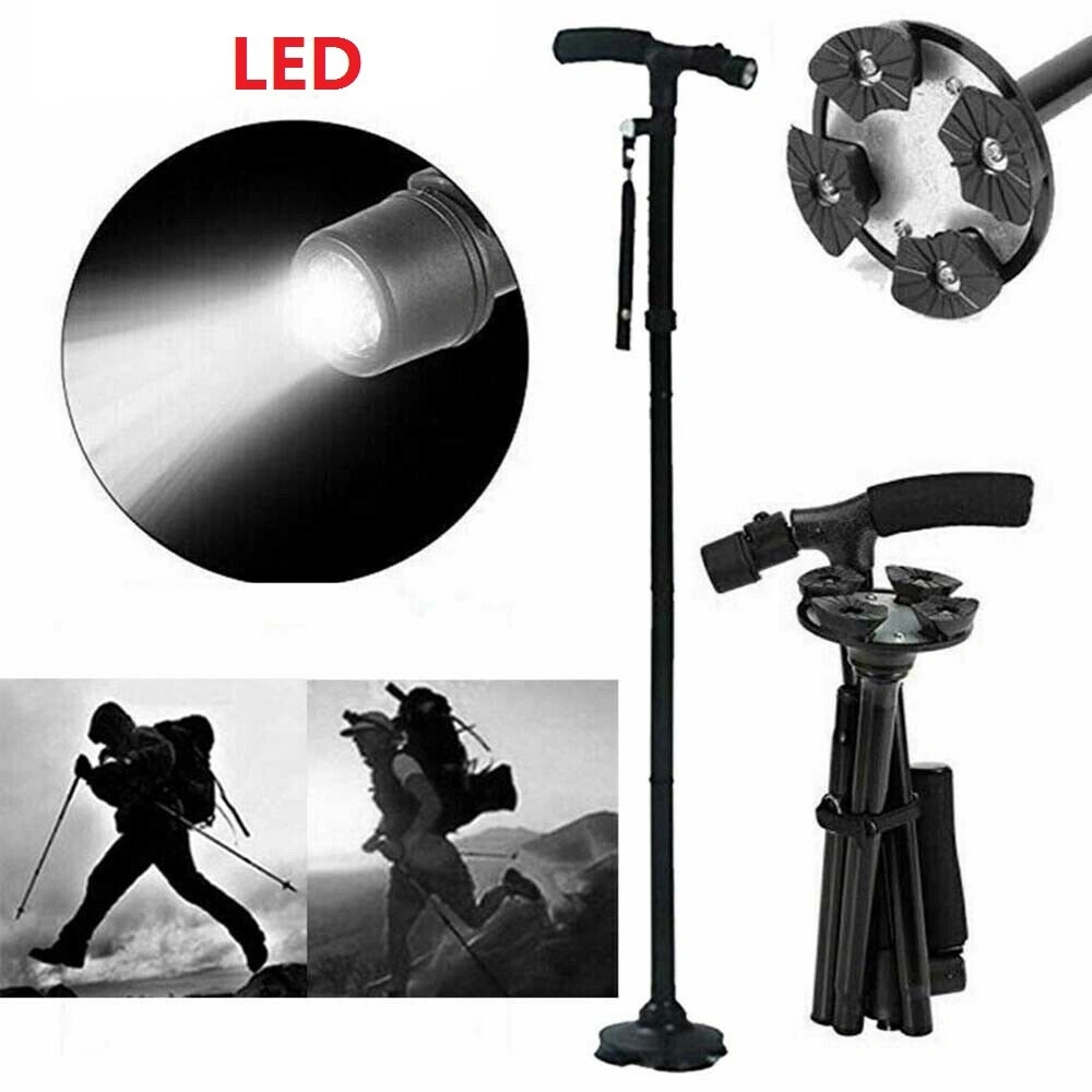 5-Level Adjustable Foldable Walking Cane w/ LED Light Portable Hiking Travel Stick