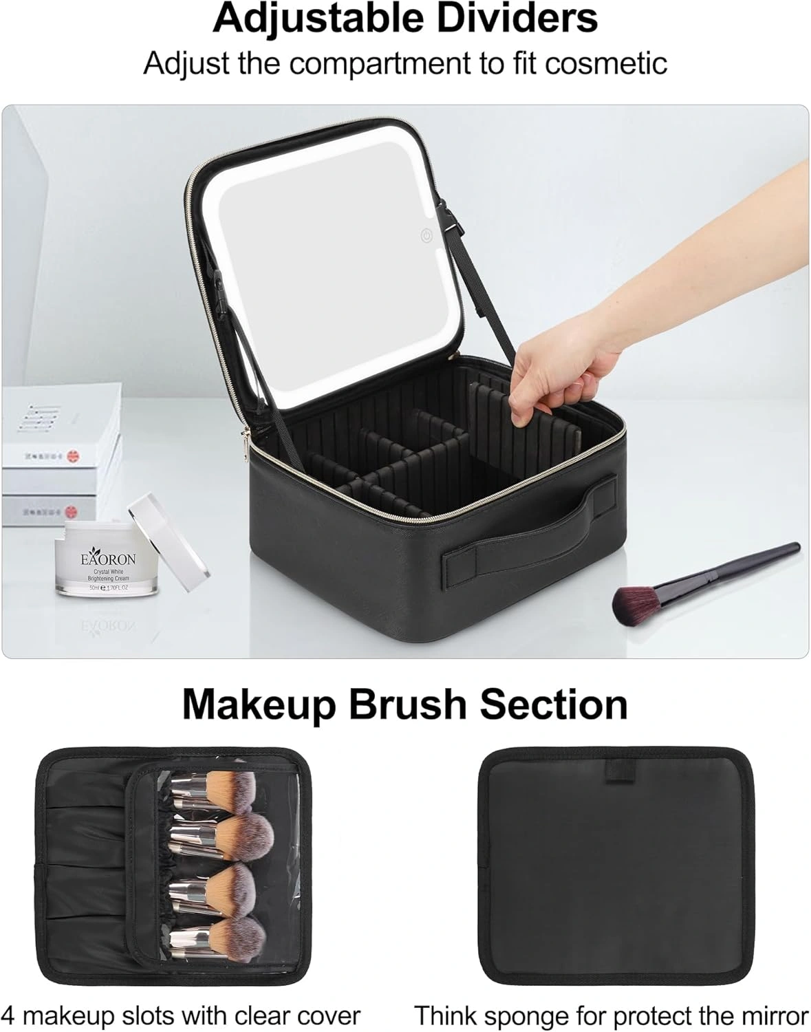 Makeup Bag with LED Mirror - Travel Cosmetic Organizer Case for Women & Makeup Artists, Large Makeup Case with Light-Up Mirror, 3 Color Lights, Adjustable Dividers, Brush Holder view 5
