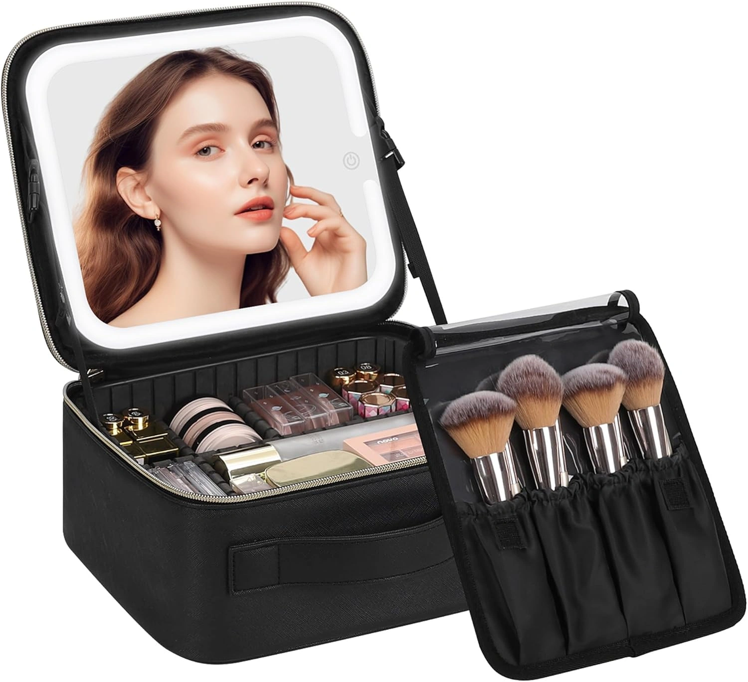 Makeup Bag with LED Mirror - Travel Cosmetic Organizer Case for Women & Makeup Artists, Large Makeup Case with Light-Up Mirror, 3 Color Lights, Adjustable Dividers, Brush Holder view 6