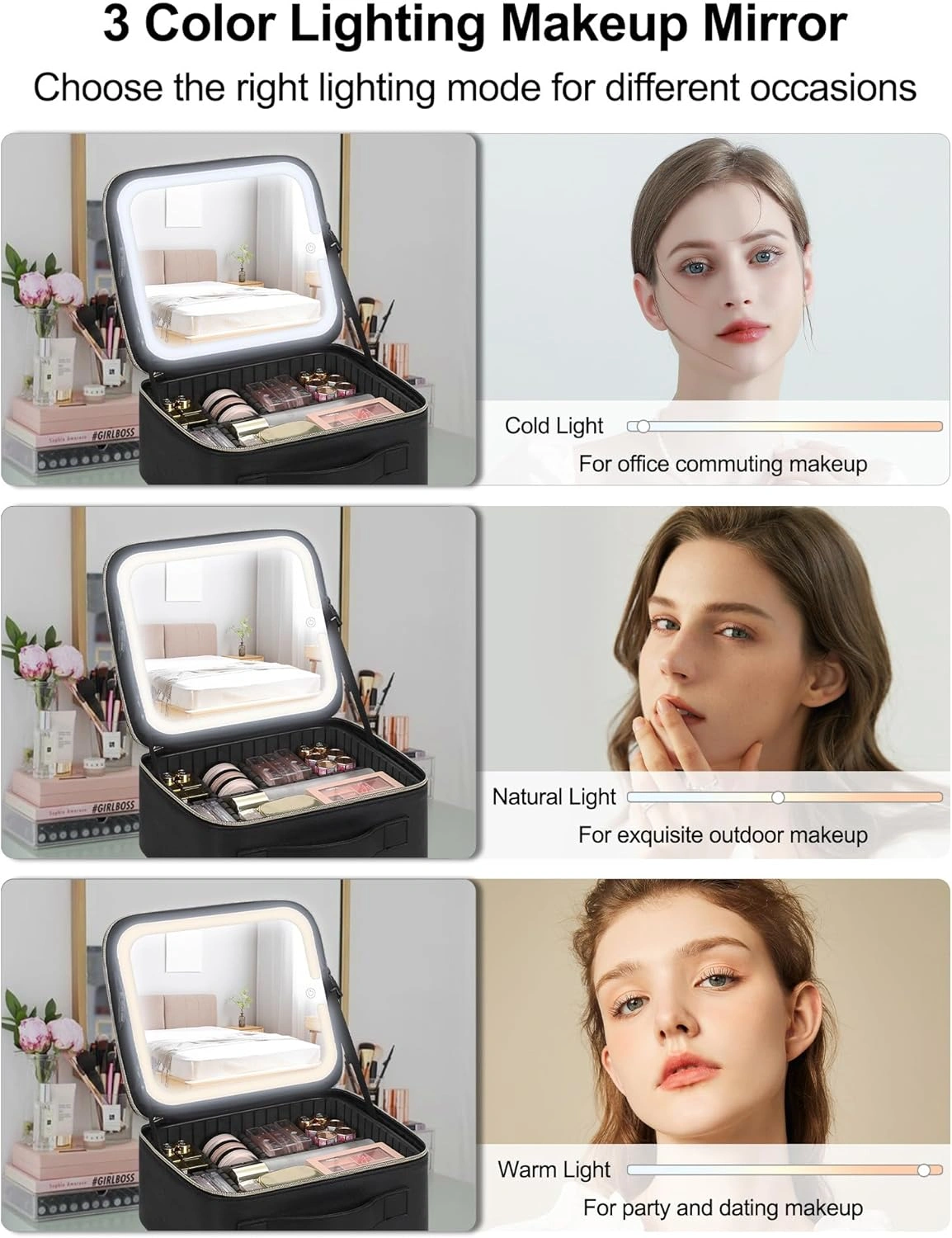 Makeup Bag with LED Mirror - Travel Cosmetic Organizer Case for Women & Makeup Artists, Large Makeup Case with Light-Up Mirror, 3 Color Lights, Adjustable Dividers, Brush Holder view 8