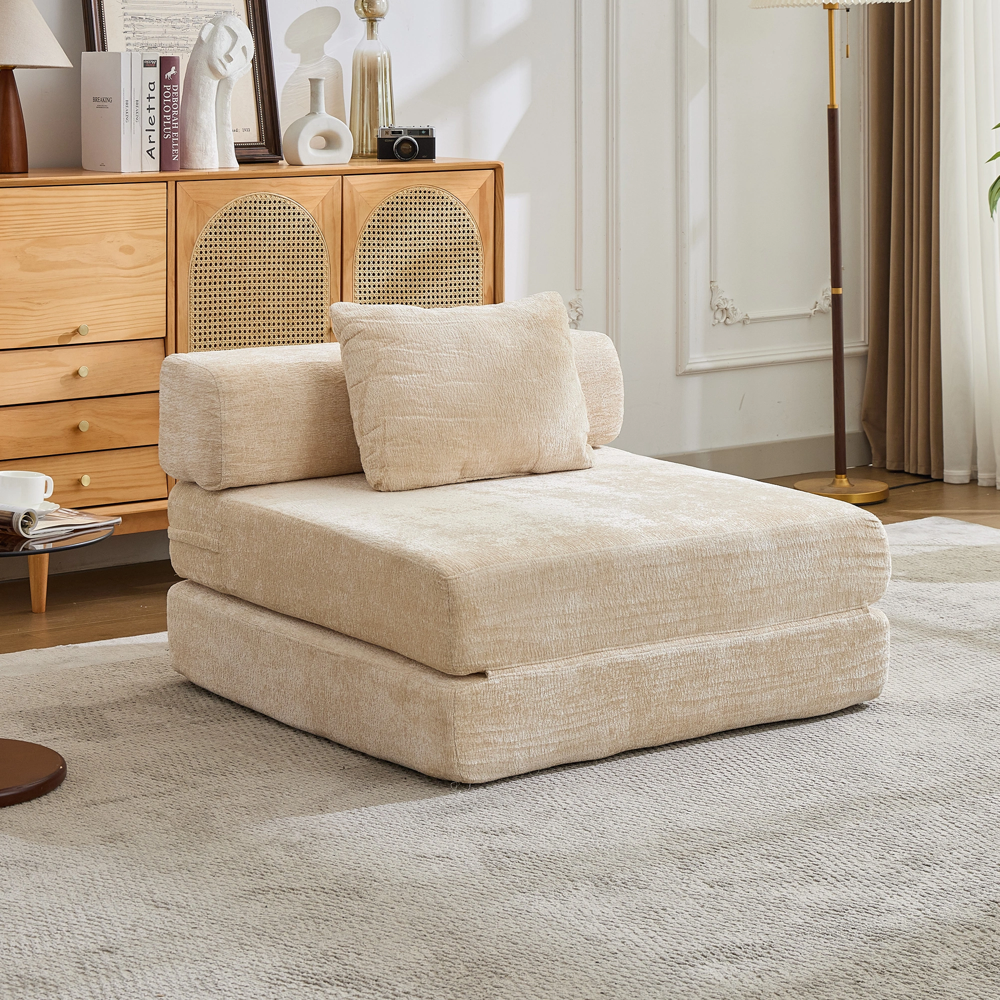 Beige Chenille Floor Sofa Bed, Compression Convertible Single Seater, Boneless Modular Sectional with Fixed Frame, No Assembly, Living Room Bedroom