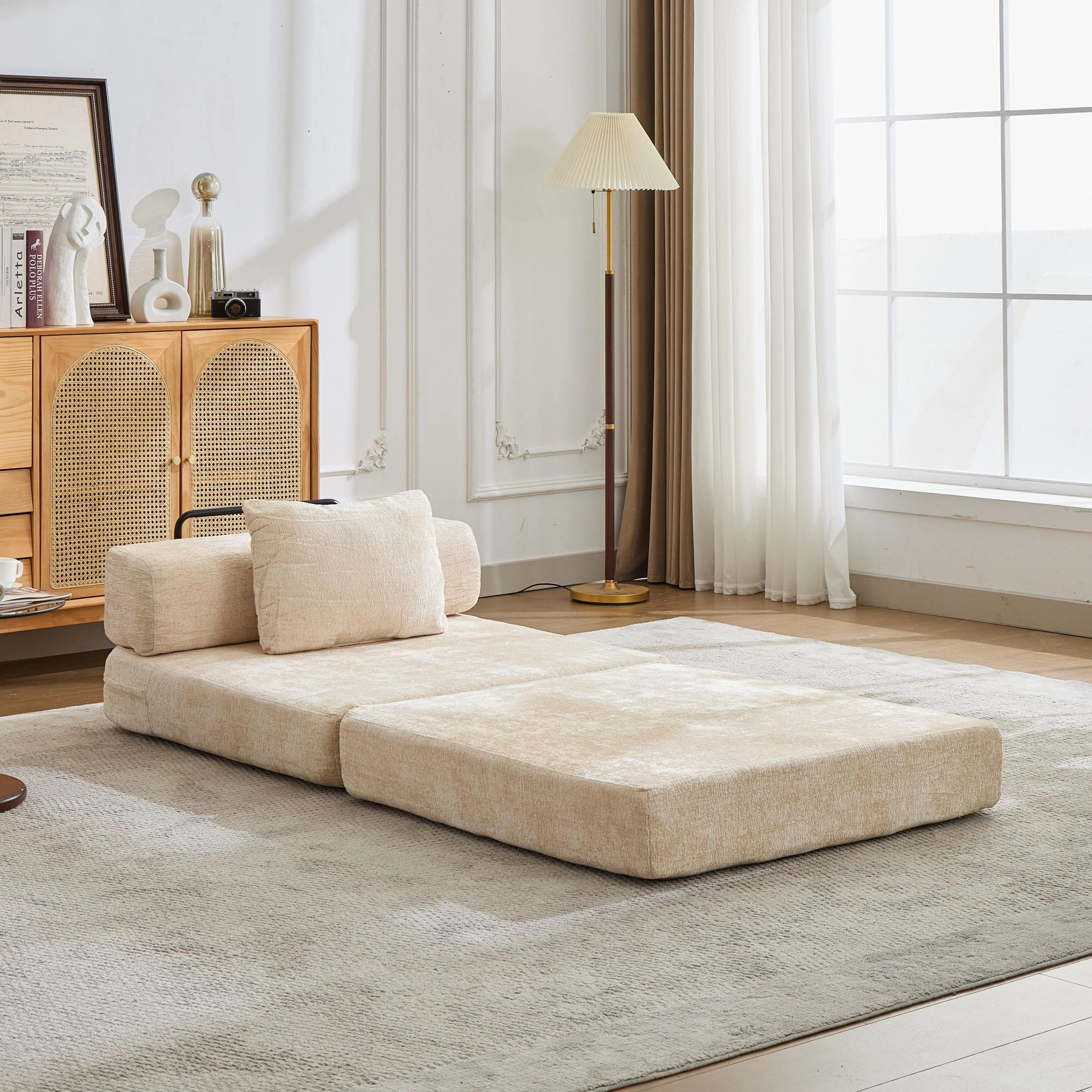 Beige Chenille Floor Sofa Bed, Compression Convertible Single Seater, Boneless Modular Sectional with Fixed Frame, No Assembly, Living Room Bedroom view 2
